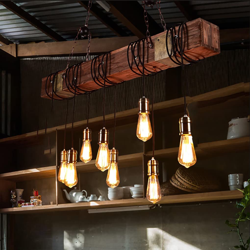 8-Light Wooden Chandelier - Rustic Industrial Pendant Light Fixture with Retro Design for Dining Room, Kitchen Island, Bar, Billiard Table & Pool Table | Perfect for Farmhouse, Loft & Industrial Decor