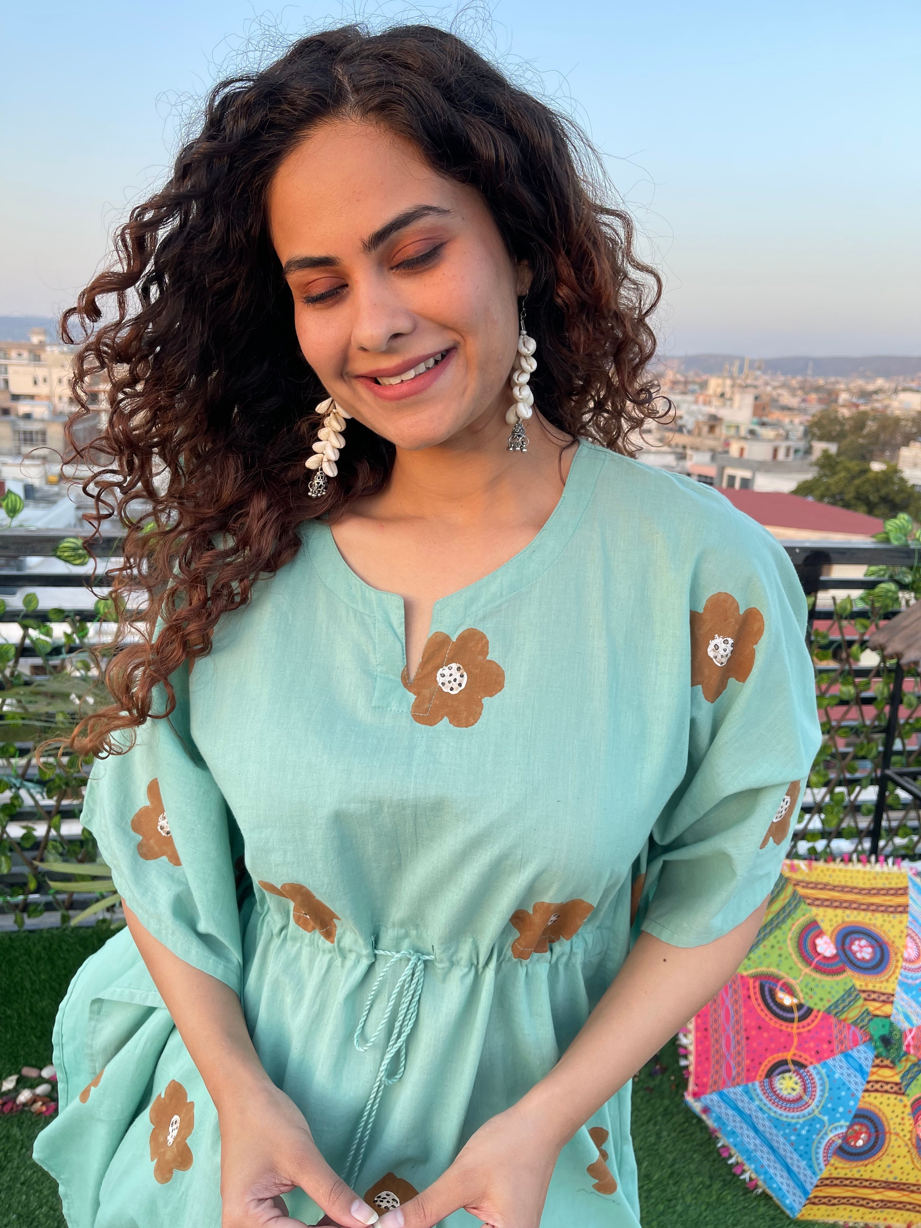 Hand-Painted Turquoise Long Kaftan Dress - Bohemian Maxi Cover Up for Beach, Pool, or Summer Vacation
