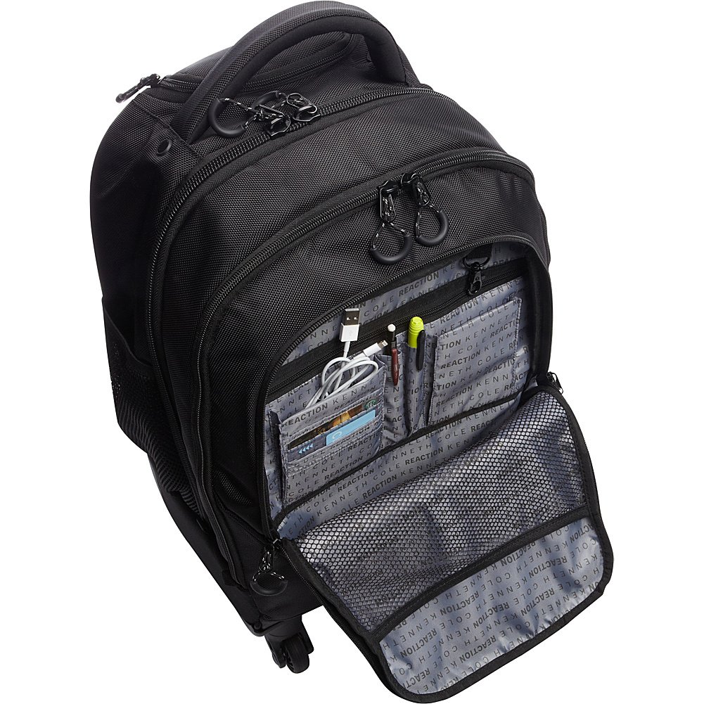 Kenneth Cole REACTION 17 Inch Polyester Laptop Backpack with Dual Compartments & 4-Wheel System - Black | Perfect for Business Travel, College & Commuting