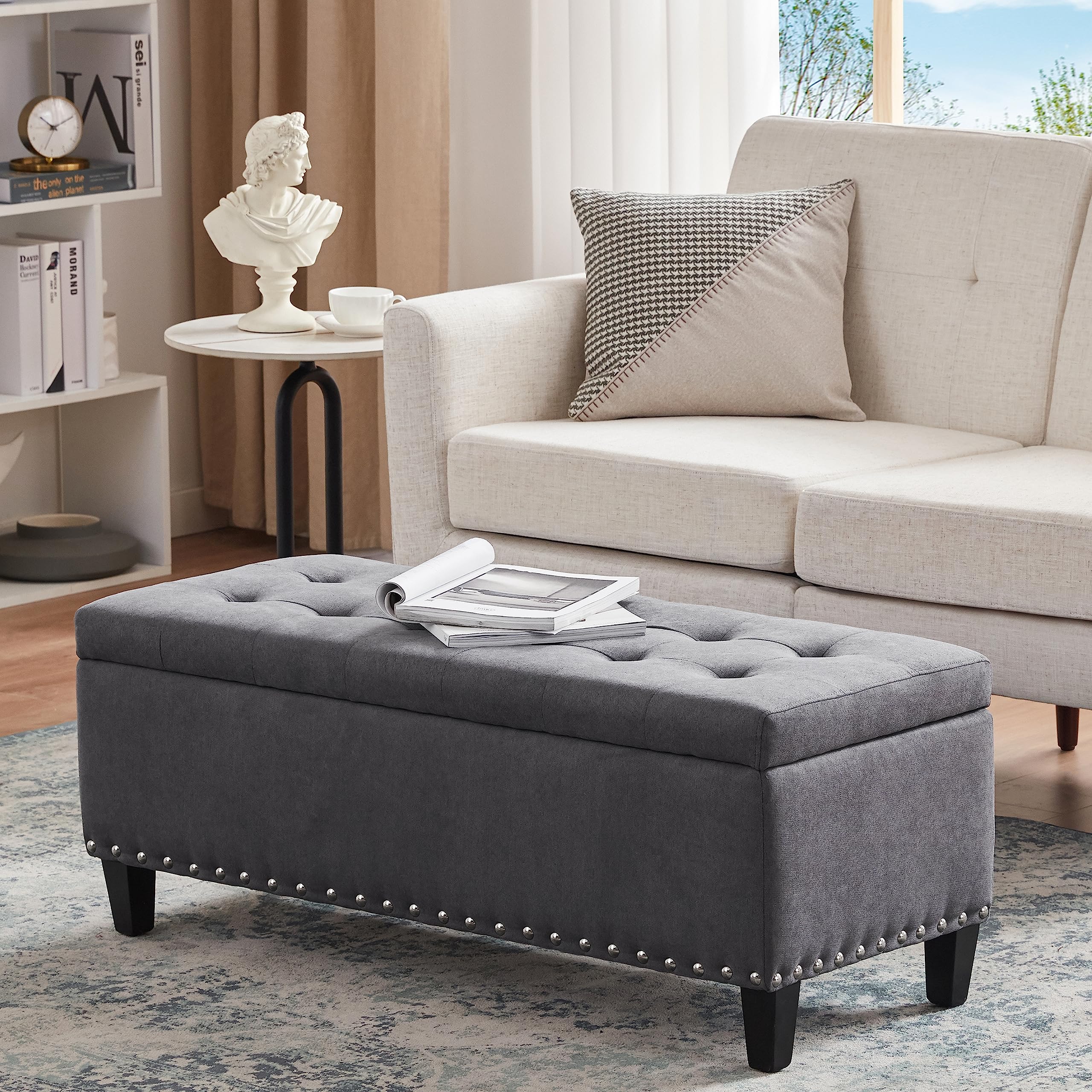 HUIMO 41-inch Upholstered Fabric Storage Ottoman Bench with Safety Hinge - Button-Tufted Design, Grey - Multi-Functional Footrest & Seat for Bedroom, Living Room, Entryway - Perfect as Bed End Bench, Coffee Table Alternative & Extra Storage Solution