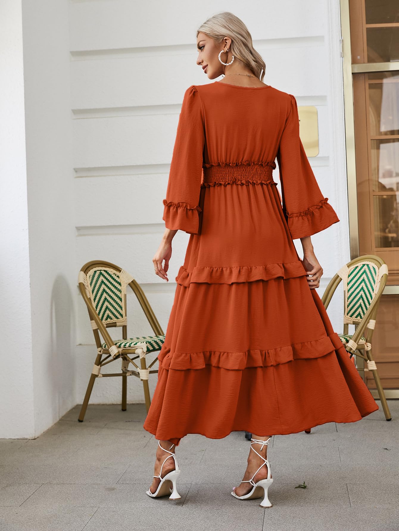 Amegoya Women's V Neck Long Sleeve Boho Maxi Dress - Flowy Summer Wedding Guest Dress for Engagement, Party & Beach Vacation - Elegant Midi Dress for Women