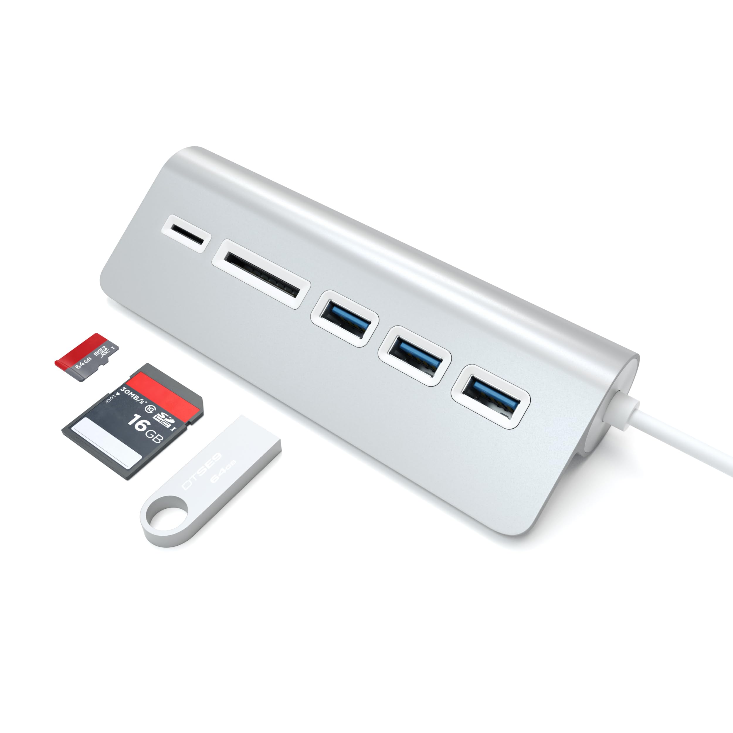 Satechi Aluminum USB 3.0 Hub & Card Reader with 4 Ports - Compatible with MacBook Pro/Air, iMac, Surface Pro, Dell XPS, Windows PC - High Speed Data Transfer for Photos, Videos, Files (Silver) | Perfect for Home Office, Travel & Digital Nomads