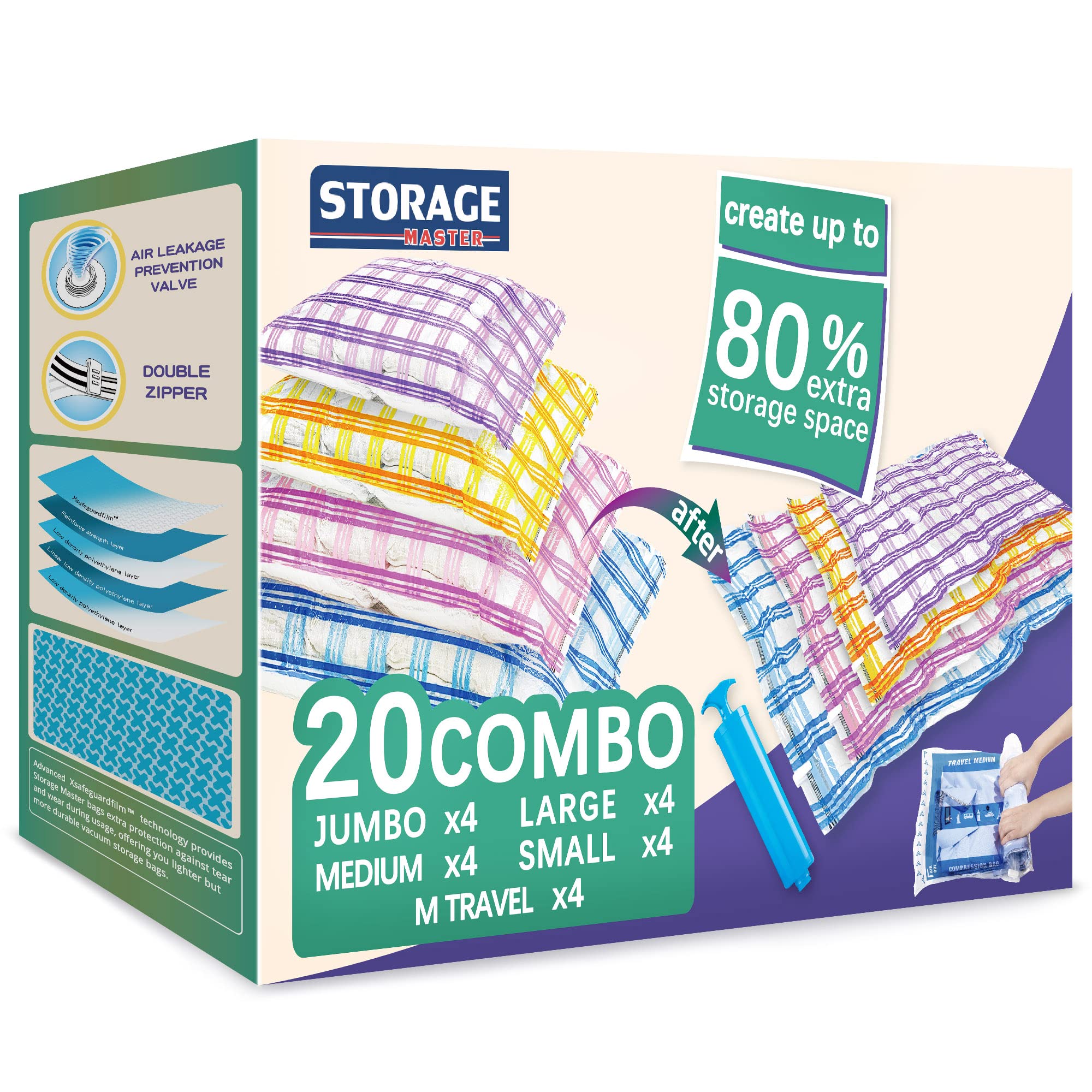 20 Pack Vacuum Storage Bags - Space Saving Compression Bags for Clothes, Comforters & Blankets | Reusable Vacuum Sealer Bags for Seasonal Storage, Travel & Home Organization (20 Count)