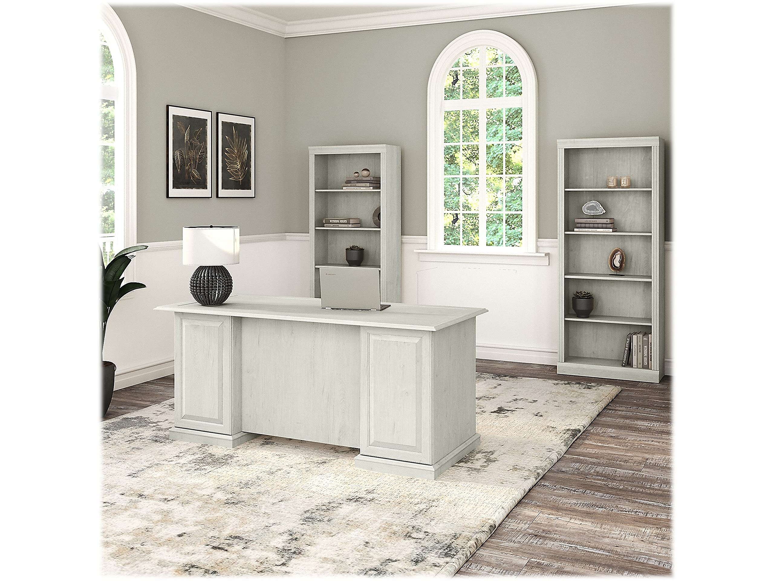 Bush Furniture Saratoga Executive Desk and Bookcase Set - Linen White Oak Finish - Home Office Furniture for Professionals & Remote Workers