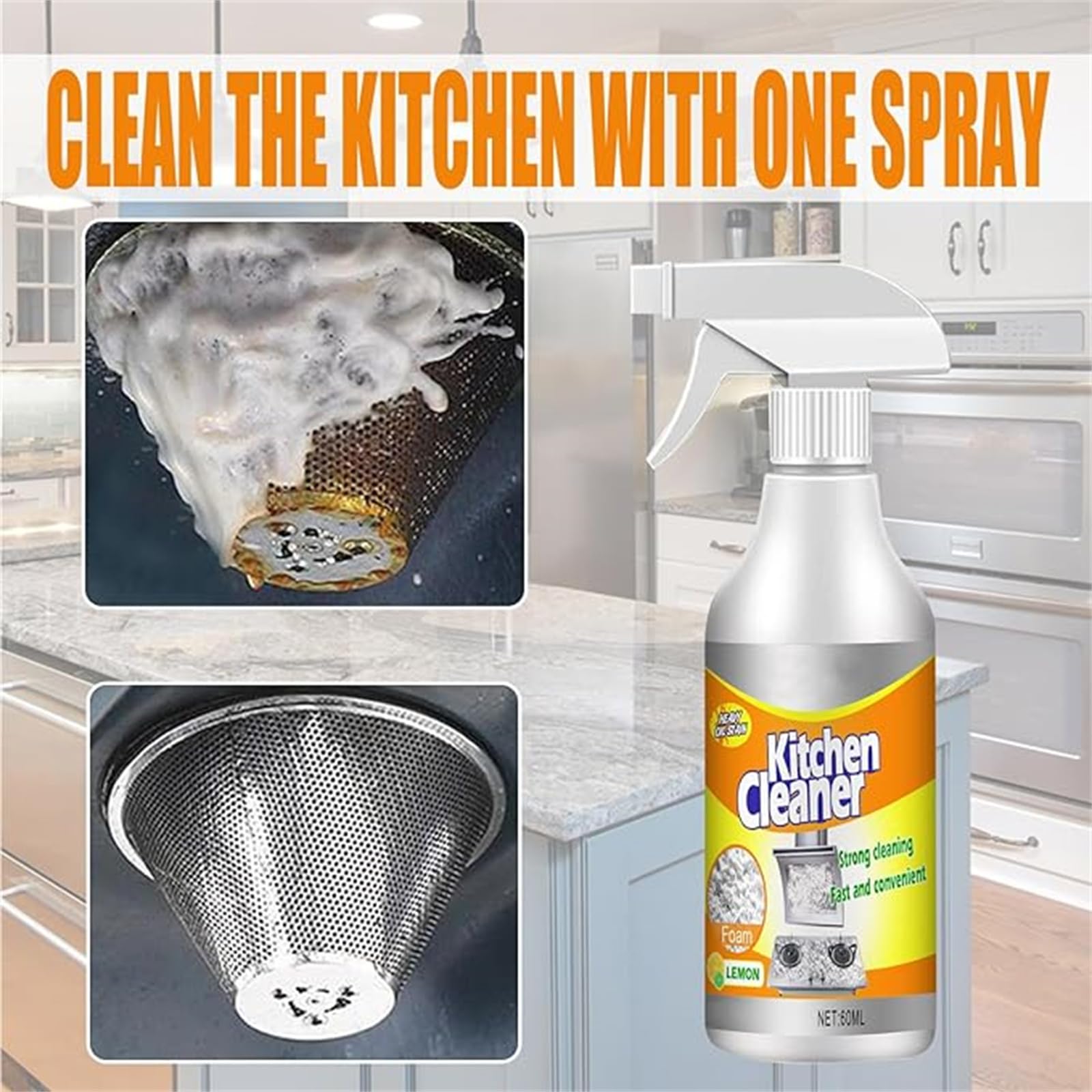 Joe Fish Kitchen Foam Cleaner - Powerful Oil & Grease Stain Remover Spray for Sinks, Stoves & Countertops - Drain Cleaner & Multi-Surface Degreaser for Home & Restaurant Use