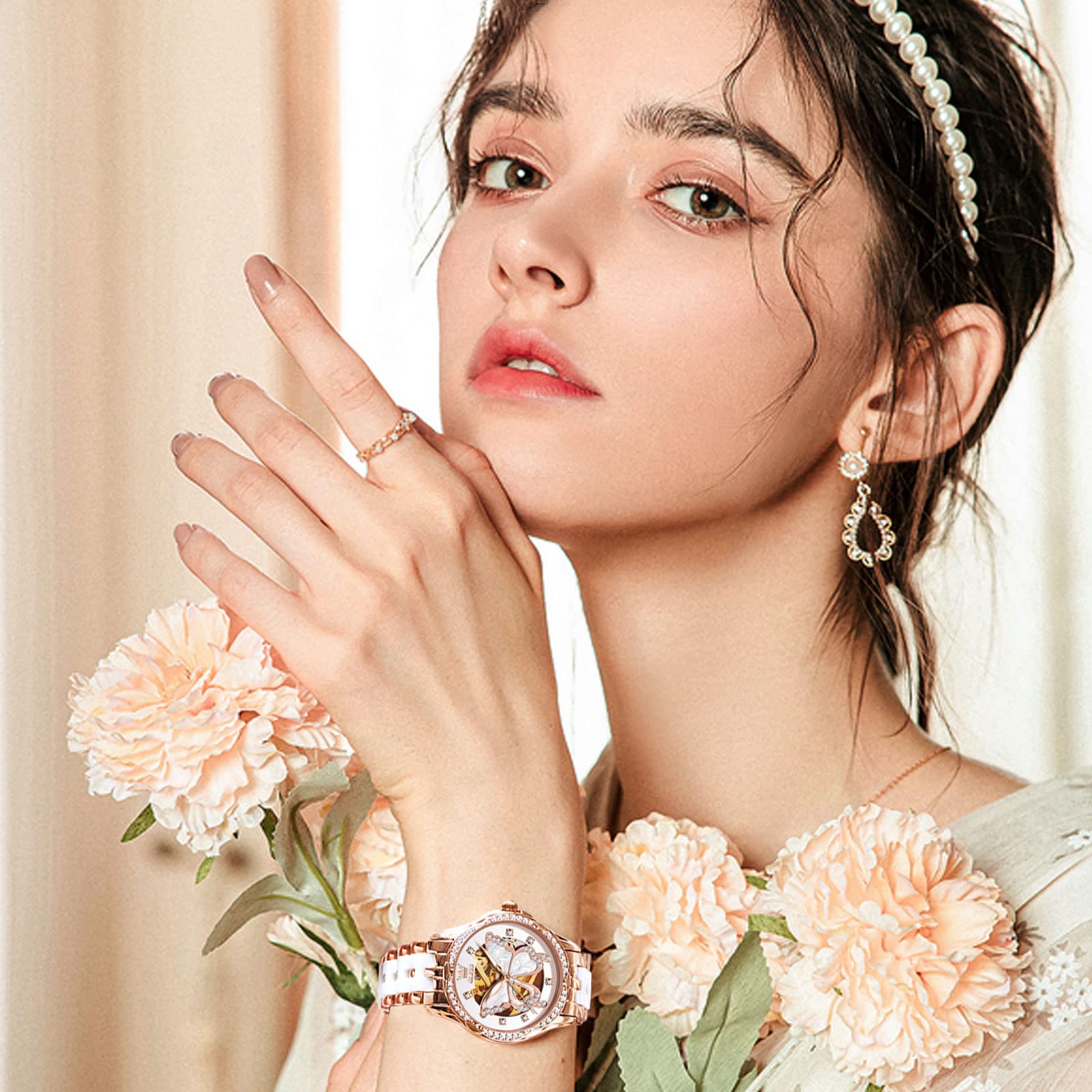 OLEVS Women's Luxury Diamond Automatic Self-Winding Watch - Elegant Stainless Steel & Ceramic Dress Watch with Luminous Hands, Waterproof for Daily Wear - Perfect for Business, Party & Special Occasions