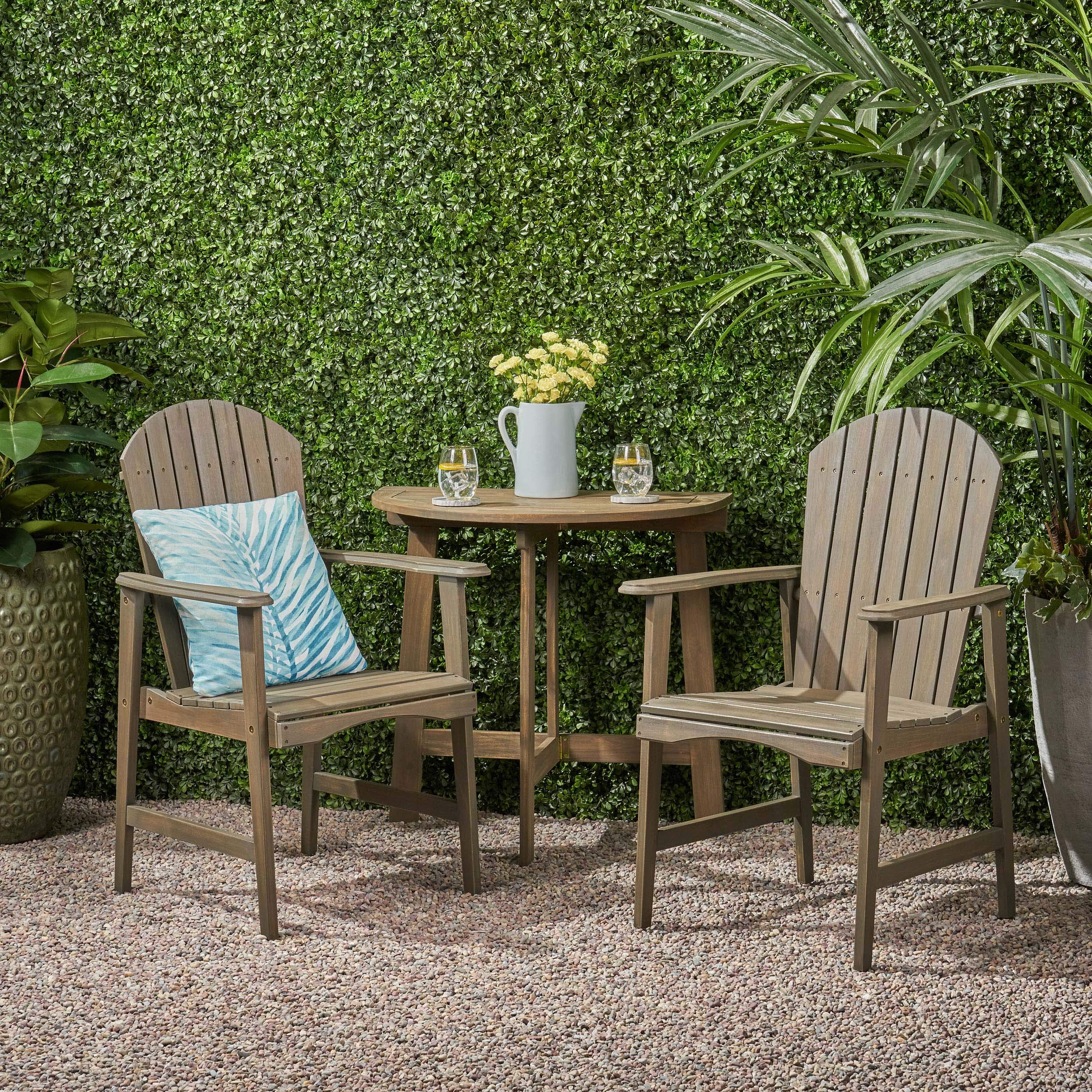 GDFStudio Outdoor 2-Seater Acacia Wood Bistro Table Set with Gray Adirondack Chairs - Half-Round Patio Furniture for Garden, Deck & Backyard Relaxation