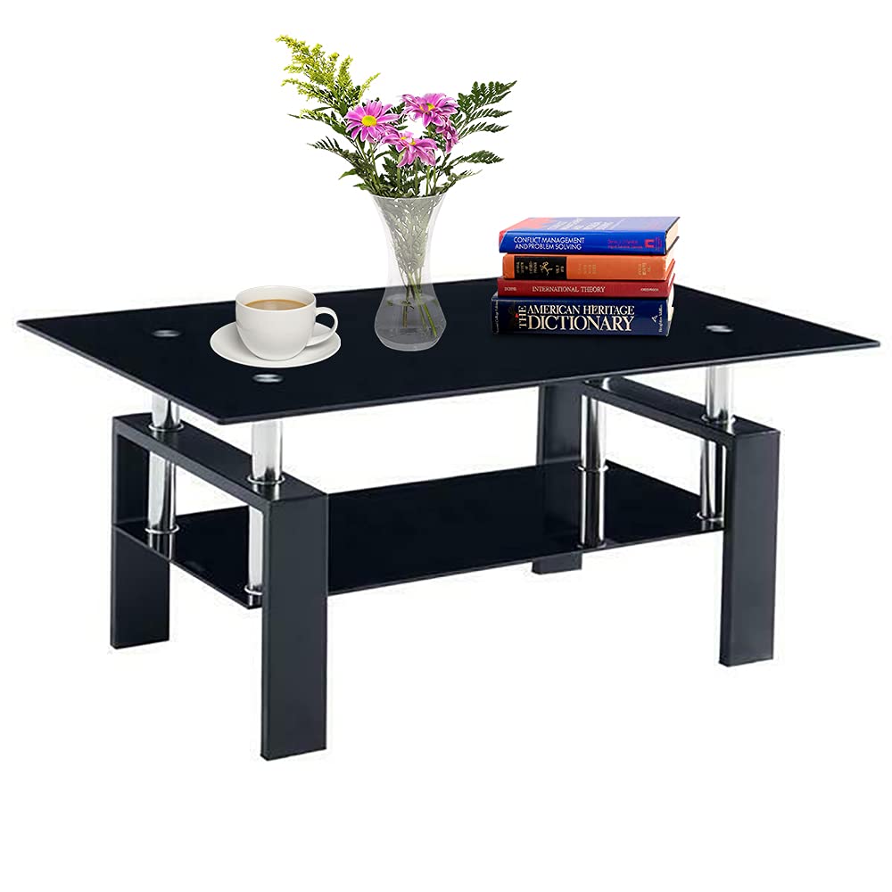 Modern Rectangle Coffee Table with Black Glass Top & Metal Legs - Sturdy Lower Shelf for Living Room, Office, or Lounge - US Stock Fast Shipping