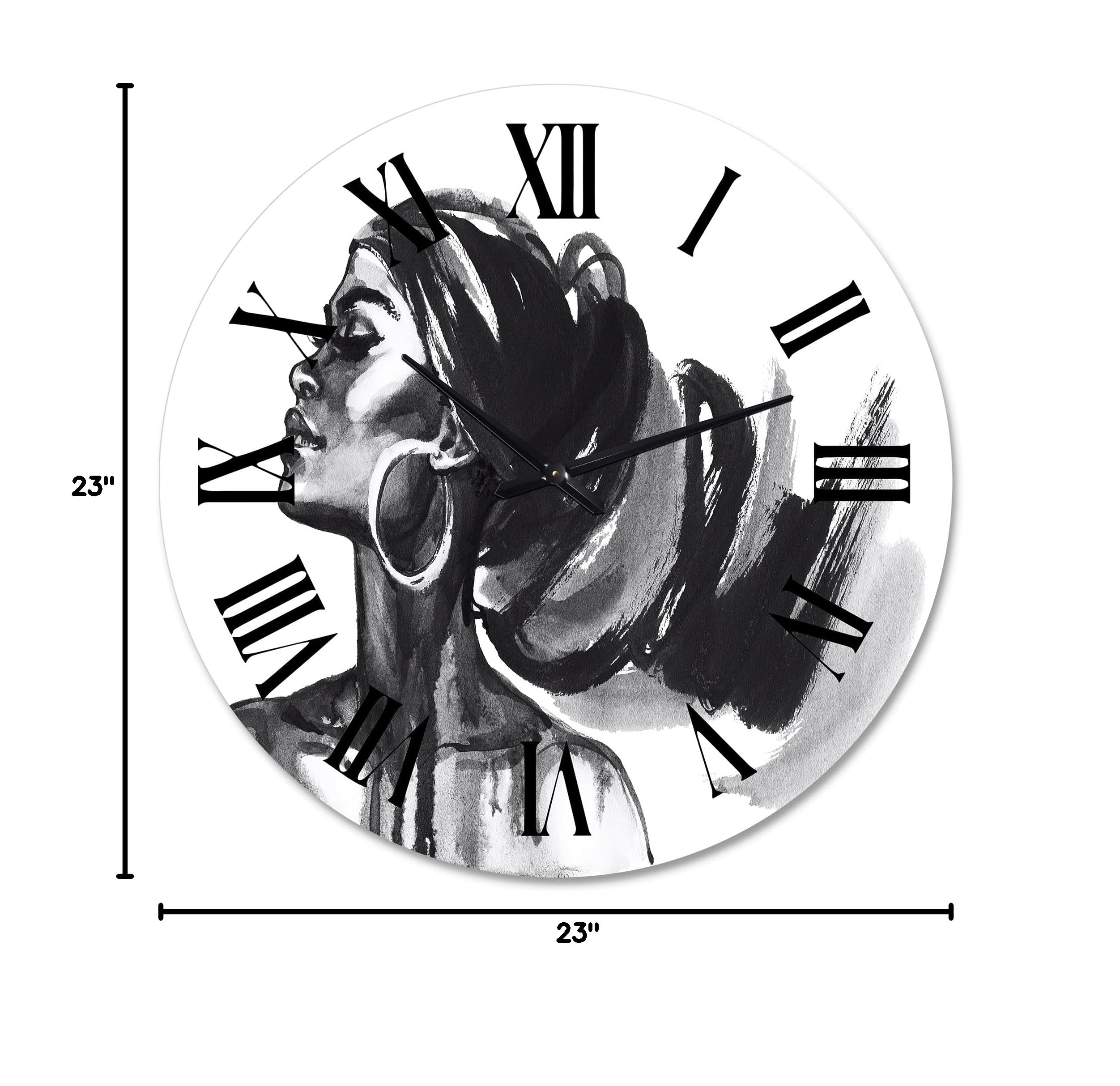 DesignQ Modern Wall Clock - Monochrome Portrait of African American Woman IV - Large Decorative Wall Clock for Living Room, Bedroom & Office - Unique Home Decor & Gift Idea