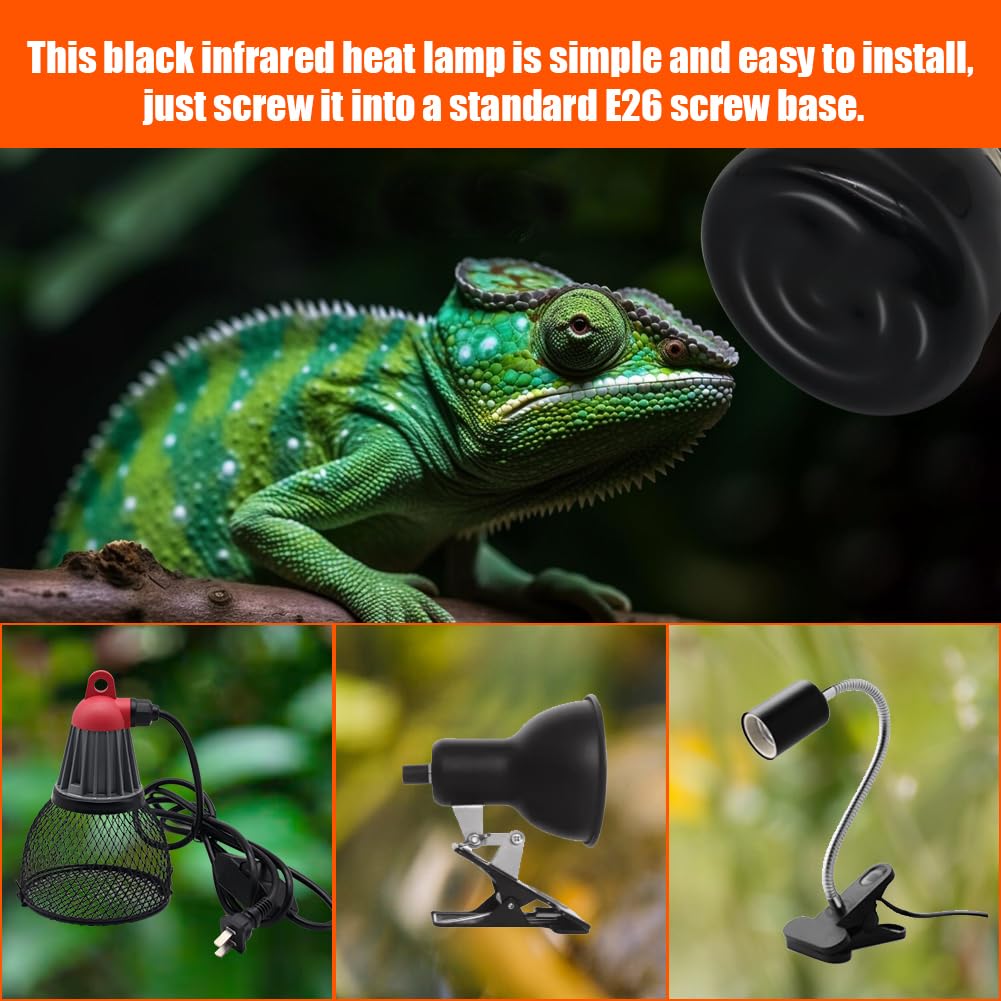Mini Reptile Heat Lamp Bulb - 4 Pack Ceramic Infrared Heat Emitter for Snakes, Turtles & Lizards - E26/E27 Base 100W No Light - Perfect for Terrariums, Chicken Coops & Pet Habitats