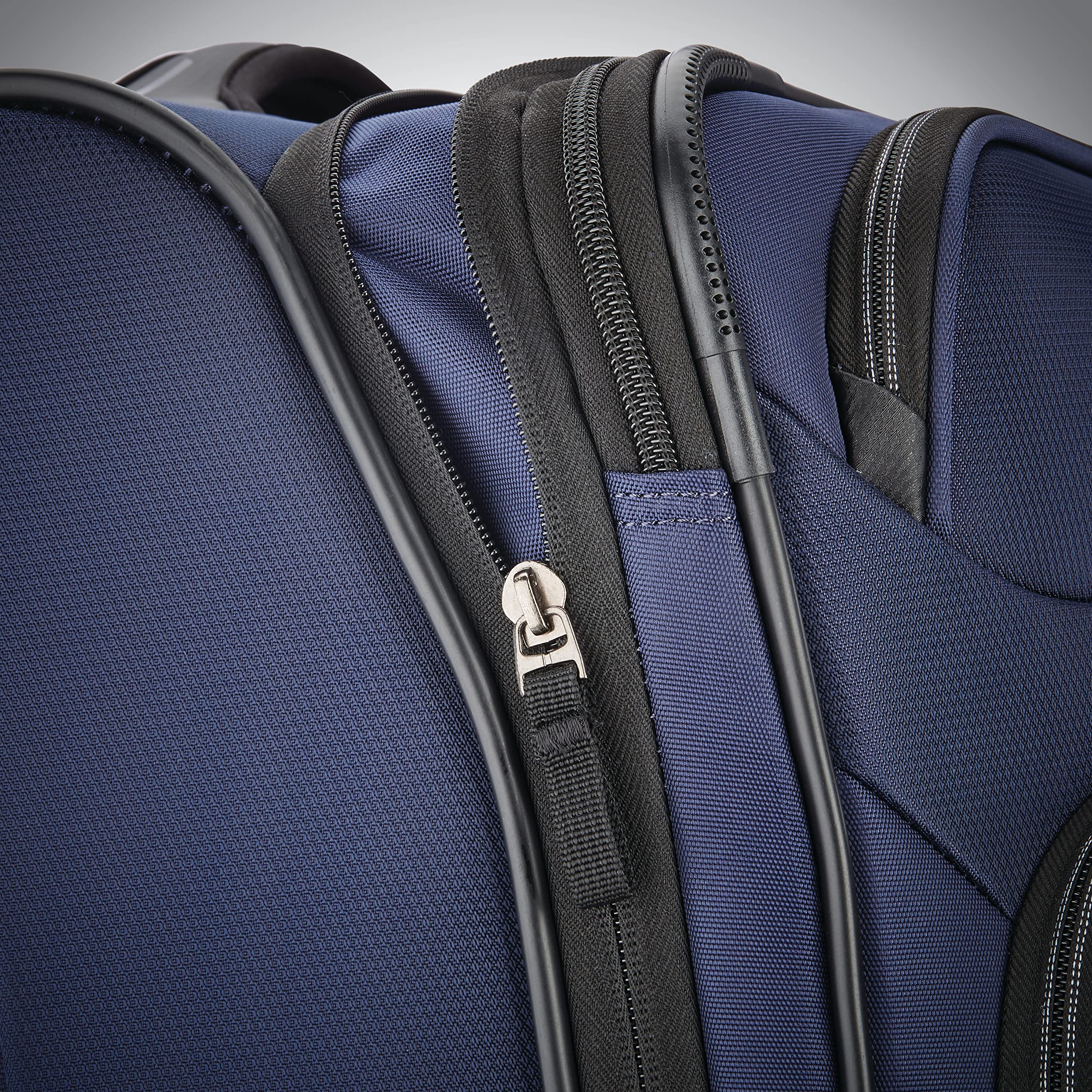 American Tourister Zoom Softside Luggage with 360° Spinner Wheels - Navy Blue Checked-Medium 25-Inch Suitcase for Travel, Business Trips & Family Vacations | Durable & Lightweight Carry-On Luggage