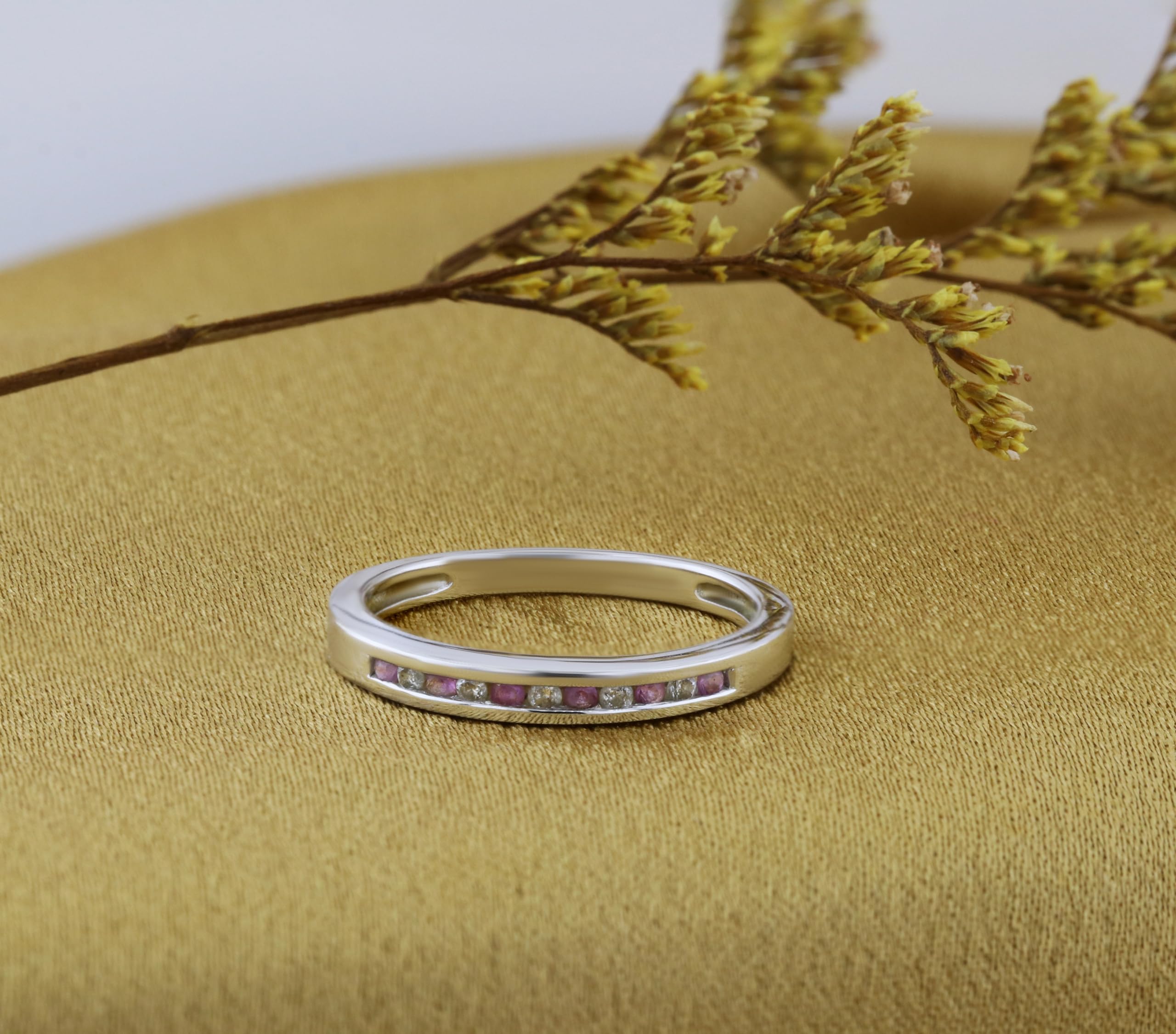 10K Solid Gold Round Pink Sapphire & White Diamond Women's Anniversary Wedding Band Stackable Ring - Perfect for Bridal Jewelry, Engagement Gifts & Special Occasions