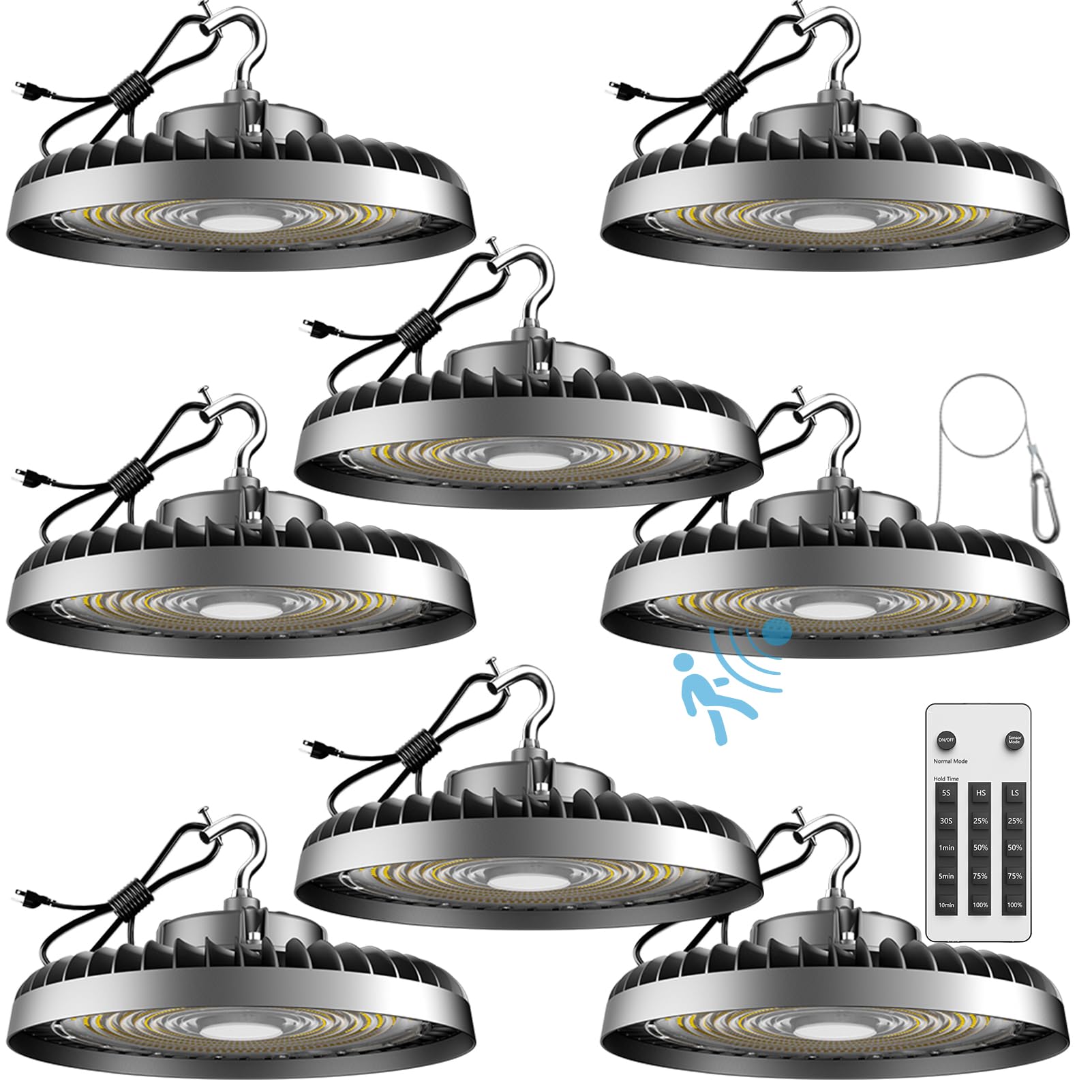 250W LED High Bay Light - 37,500LM Commercial Lighting with Remote Control & Motion Sensor - ETL Listed, Plug & Play for 30-40FT Ceilings - 6 Year Warranty (8 Pack) - Perfect for Warehouses, Factories, and Gymnasiums