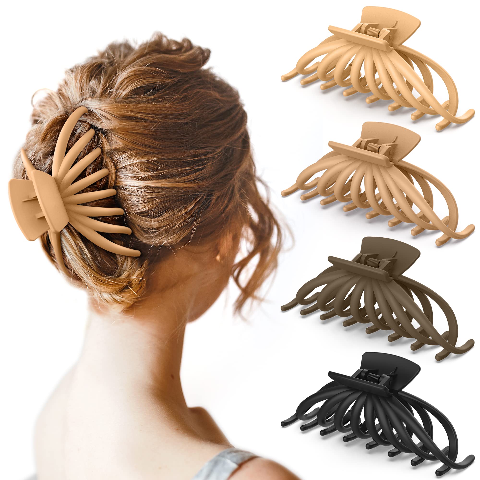Extra Large Hair Claw Clips for Women - 4 Pack Strong Hold Hair Clips for Thick Hair (4.75 Inch) | Neutral Color Set: Blonde, Caramel, Chestnut, Black | Perfect for Updos, Ponytails & Everyday Hairstyles