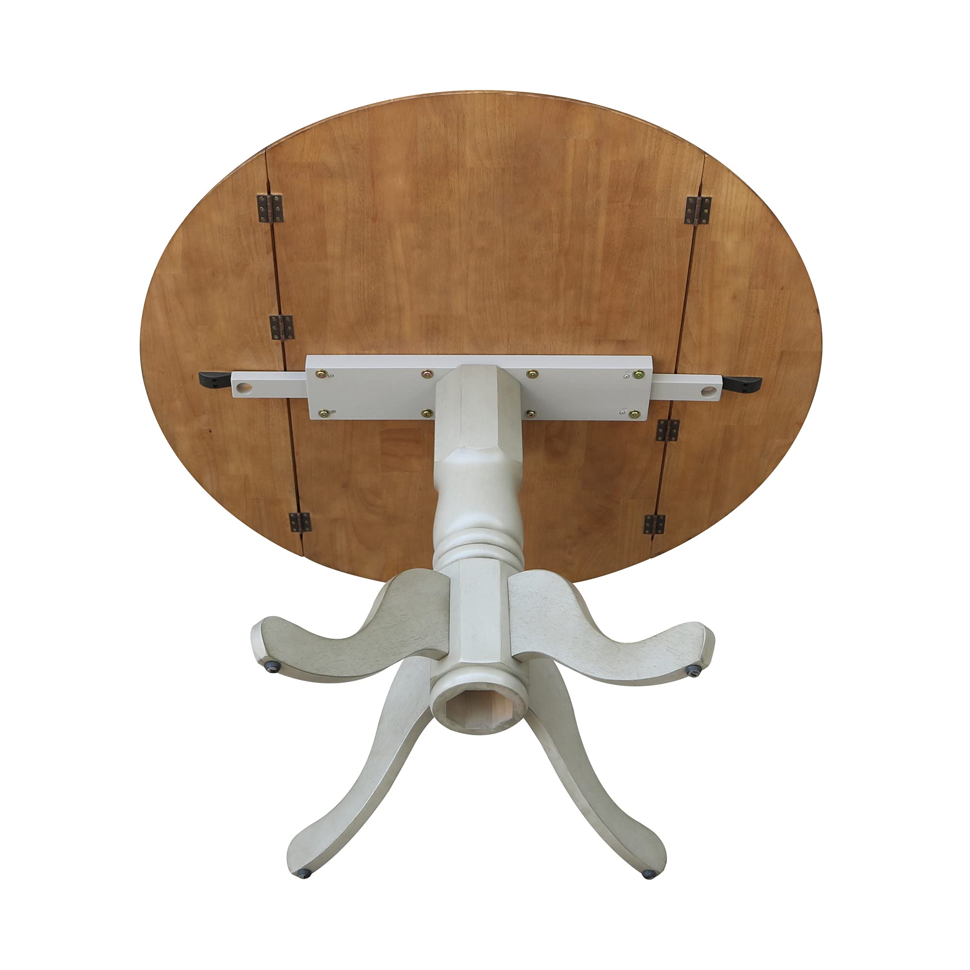 IC International Concepts 42-Inch Round Dual Drop Leaf Pedestal Dining Table - Solid Real Parawood with Distressed Hickory/Stone Finish | Perfect for Small Spaces, Kitchen Nooks & Cozy Dining Rooms