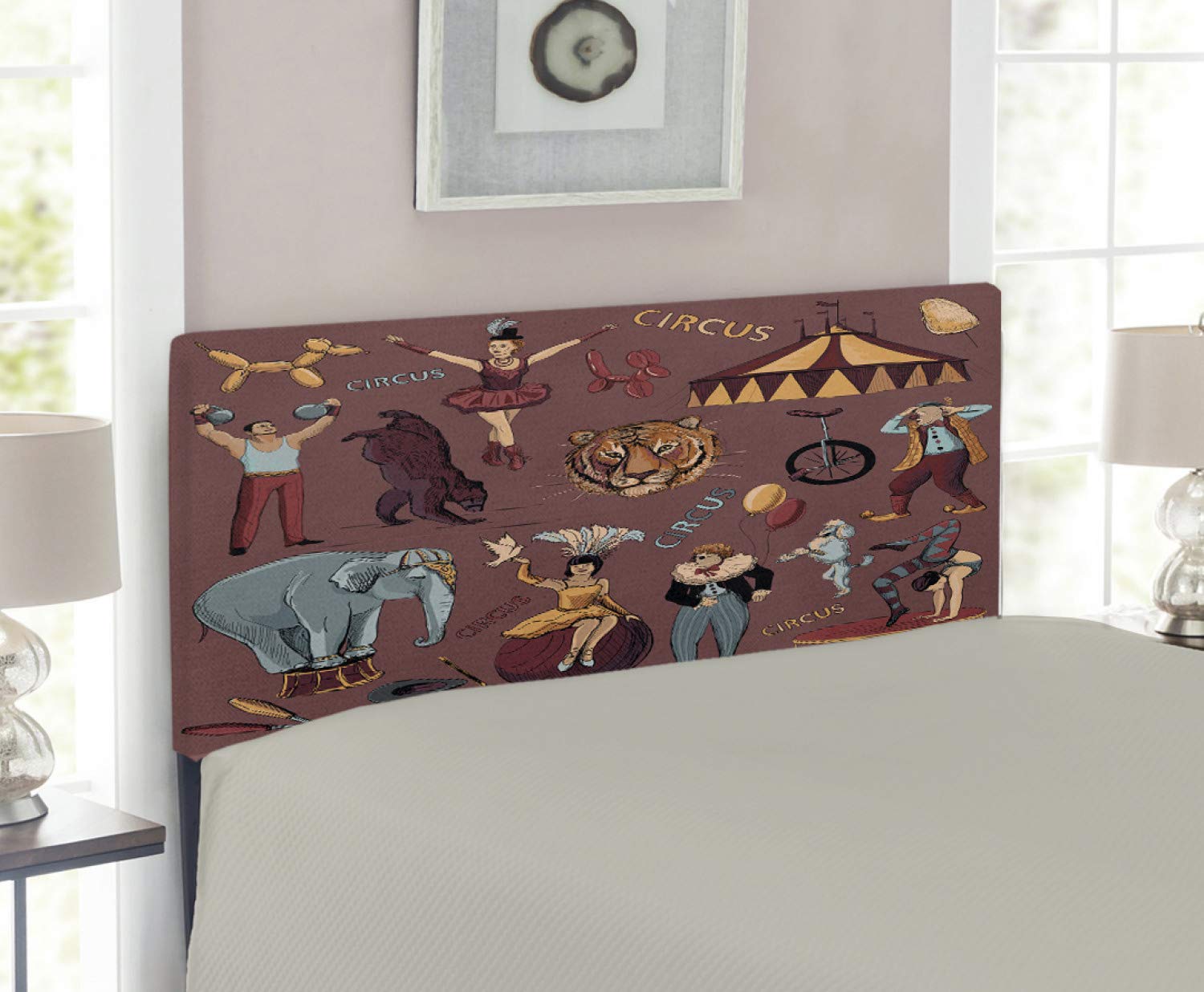 Vintage Circus Print Upholstered Metal Headboard with Memory Foam - Twin Size Retro Tent Tiger Balloon Dog Art Bed Frame - Dark Coral Backdrop Multicolor Decorative Headboard for Kids Room, Guest Bedroom & Themed Nursery Decor