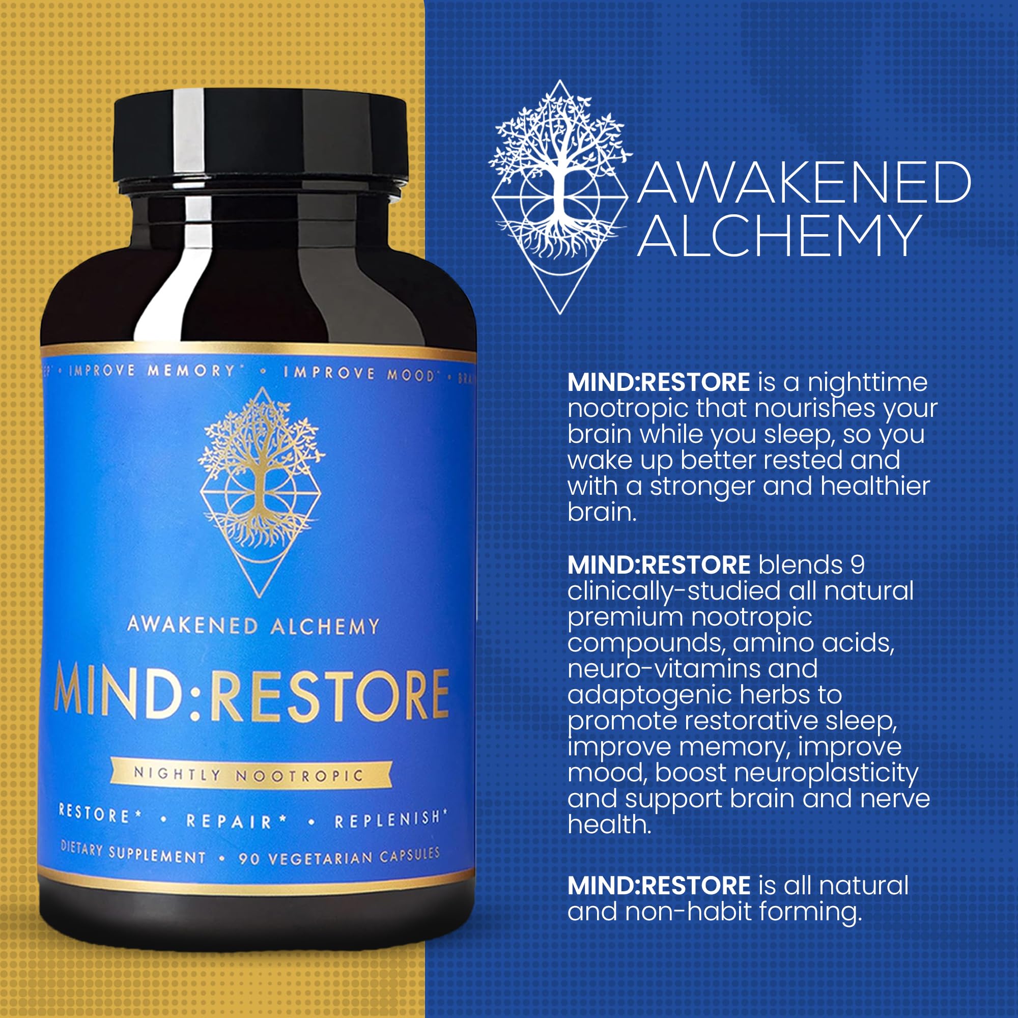 Mind:Restore Premium Nighttime Nootropic Supplement - Advanced Natural Brain Nutrition for Restorative Sleep, Memory & Mood Support | 9 Premium Ingredients (90 Capsules) | Ideal for Stress Relief, Focus & Cognitive Recovery Before Bed
