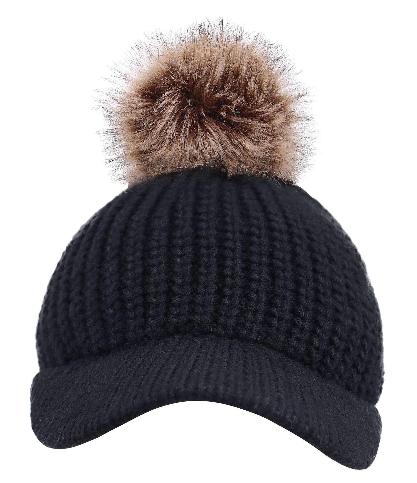 Arctic Paw Kids Cable Knit Beanie with Faux Fur Pompom & Brim Shade - Warm Winter Hat for Boys & Girls - Perfect for Snow Play, Skiing & Outdoor Activities