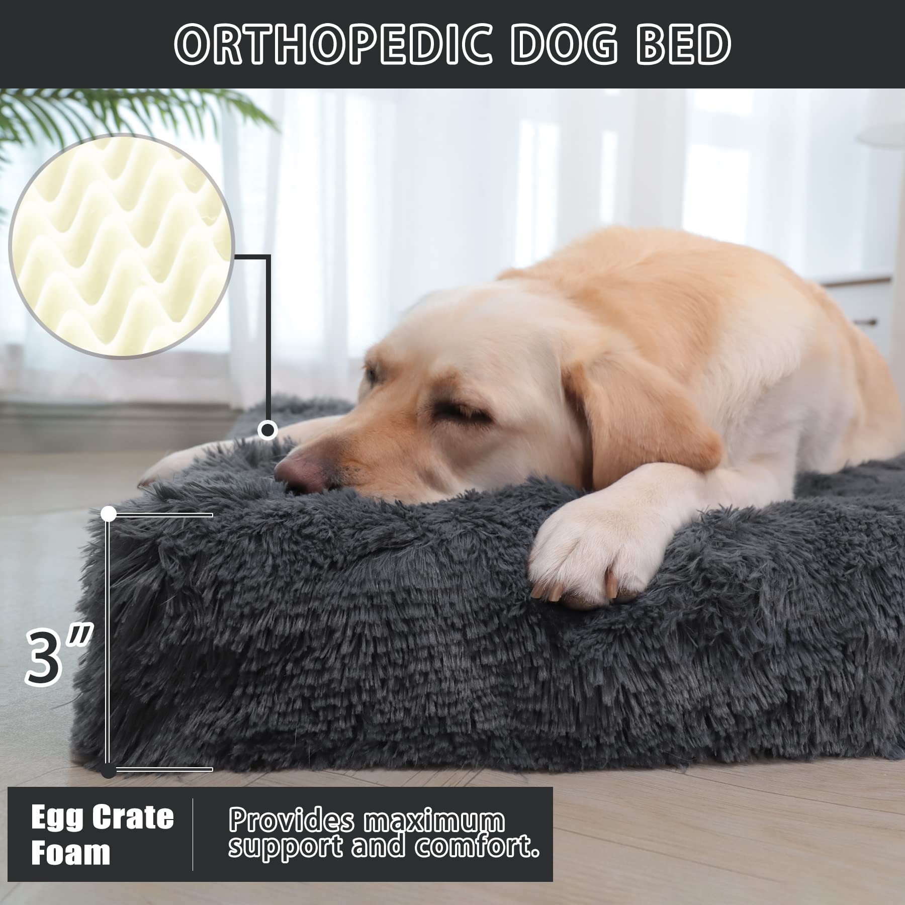 MIHIKK Extra Large Orthopedic Dog Bed - XL Egg Crate Foam Pet Mattress with Removable Washable Cover, Waterproof & Non-Slip Bottom - Anti-Anxiety Comfort for Large Dogs (41x29 Inches, Dark Gray) - Perfect for Living Room, Bedroom or Crate Use