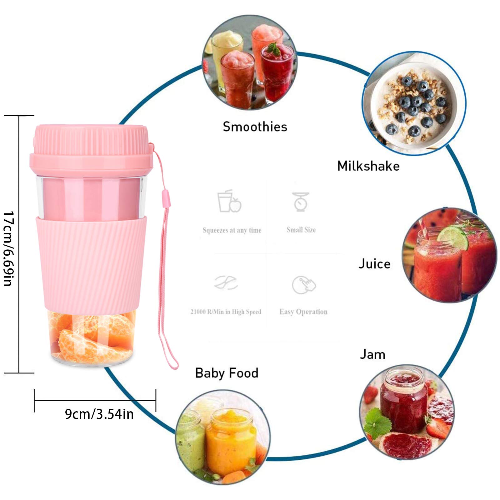 Portable USB Rechargeable Mini Blender - 250mL Cordless Personal Smoothie Maker for Fruits, Juices & Shakes | BPA-Free, Waterproof, Travel-Friendly | Perfect for Home, Office, Gym & Outdoor Activities (Pink)