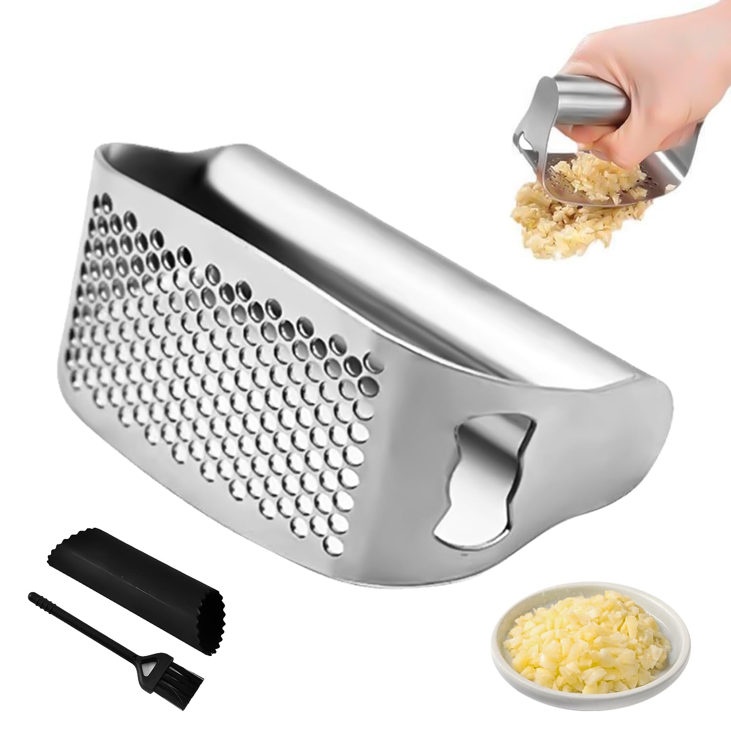 2024 Premium Stainless Steel Garlic Press & Mincer - Heavy Duty Garlic Crusher with Built-in Peeler, Cleaning Brush & Bottle Opener - Perfect for Cooking, Meal Prep & Kitchen Essentials (1 Set)