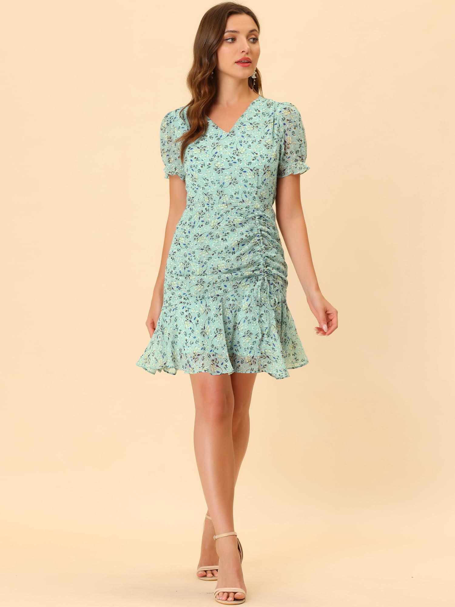 Allegra K Women's Floral Chiffon Dress with Ruffle Puff Sleeves & V-Neck - Elegant Drawstring Ruched Design for Summer Parties, Weddings & Casual Outings
