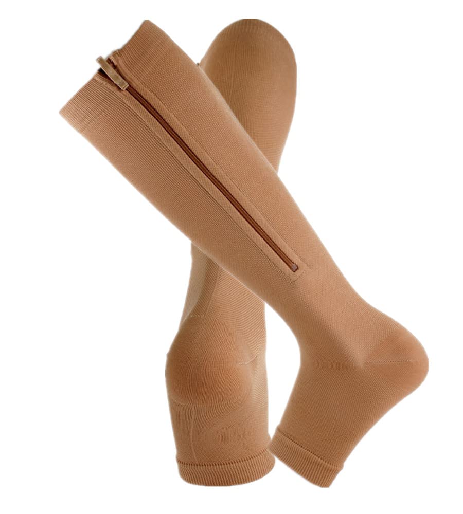 Zipper Compression Socks with Open Toe - Knee High Support Stockings for Sports & Medical Use (3X-Large, Beige) - Ideal for Running, Travel & Varicose Vein Relief