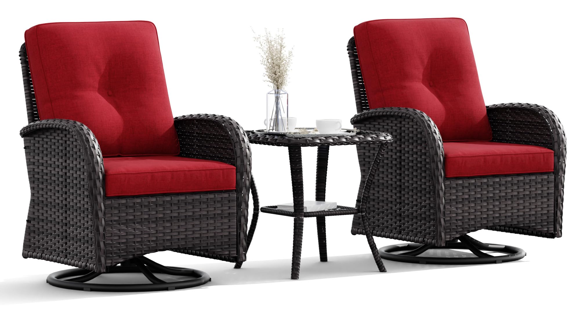 Joyside 2-Piece Patio Swivel Rocking Chair Set with Side Table - Outdoor Wicker Swivel Rocker Chairs for Porch, Deck, Garden & Backyard - Brown/Red 3-Piece Patio Furniture Set for Relaxing & Entertaining