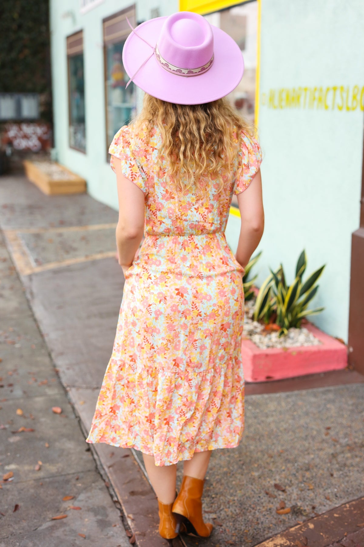 Stylish Peach Floral Print Elastic Waist Ruffle Midi Dress - Perfect for Spring Outings, Garden Parties & Casual Date Nights