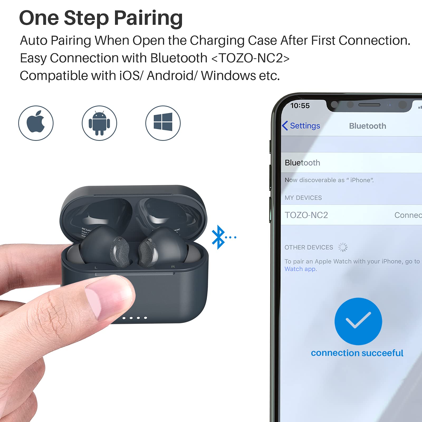 TOZO NC2 Hybrid Active Noise Cancelling Wireless Earbuds with Bluetooth 5.2, IPX6 Waterproof, In-Ear Detection & Deep Bass - Perfect for Workouts, Commuting & Travel