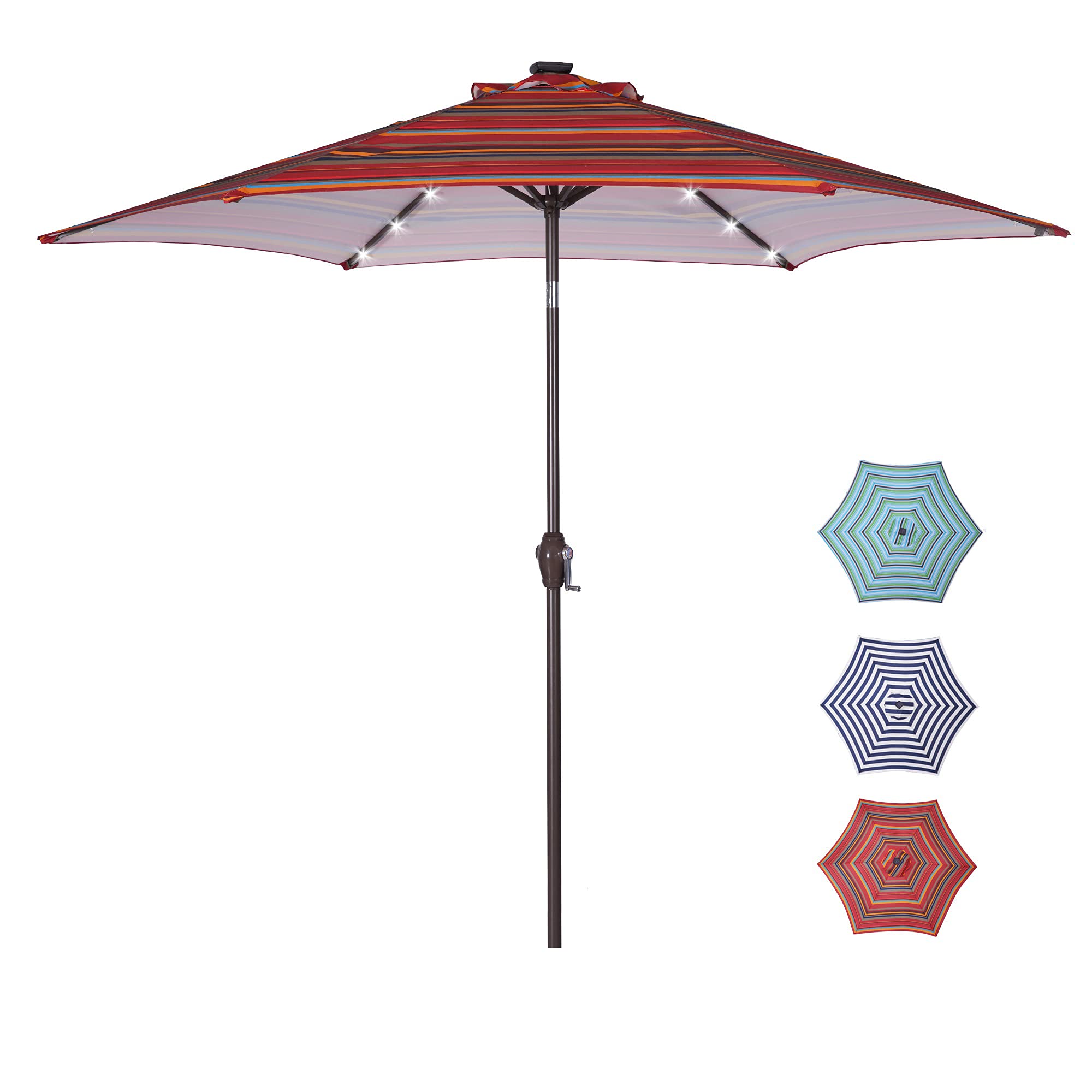 SINCETHEN 8.7-Ft Outdoor Patio Market Umbrella with LED Lights - Push Button Tilt & Crank, Red Stripes - Perfect for Backyard, Poolside, and Restaurant Dining Areas