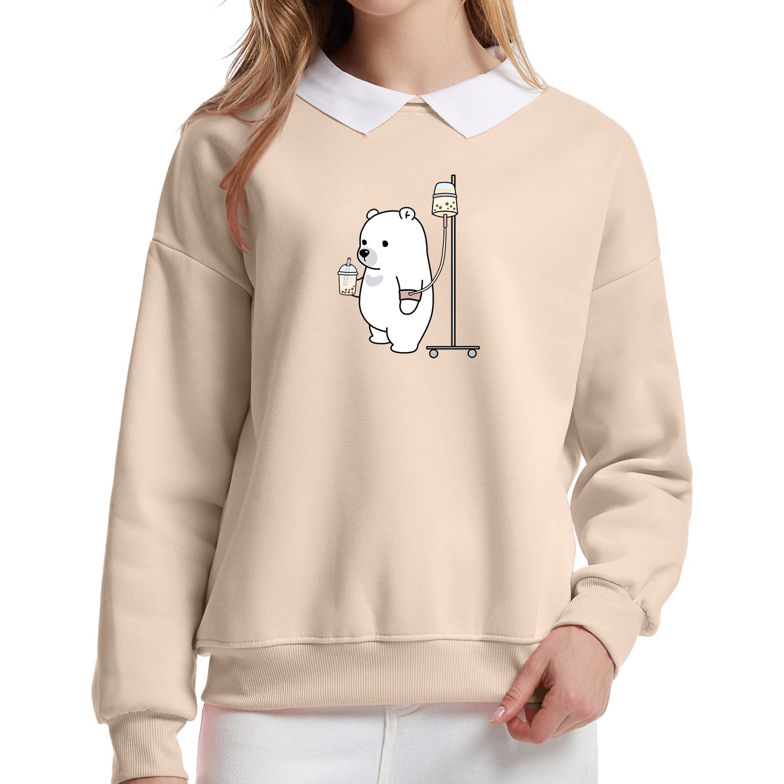 Cute Bear Milk Tea Print Graphic Sweatshirt for Teen Girls & Women - Loose Pullover Top with Turndown Collar for Fall & Winter - Casual Outfit, School Wear, Street Fashion