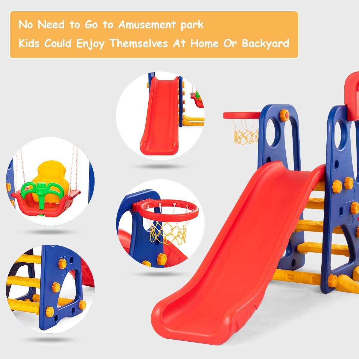 **HOMGX 4-in-1 Kids Slide and Swing Set - Outdoor & Indoor Playground for Toddlers with Basketball Hoop, Climbing Stairs & Long Slide - Easy Setup Backyard Playset for Boys & Girls - Perfect for Gardens, Parks, and Playrooms**