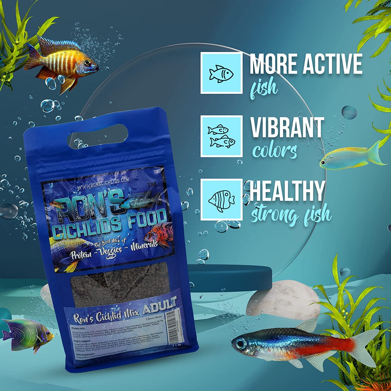 Premium African Cichlid Fish Food Pellets - High Protein Tropical Fish Food with Vegetables & Fruits for Healthier, Brighter & Bigger Cichlids - Adult Blend 8oz - Ideal for Freshwater Aquariums & Tank Maintenance