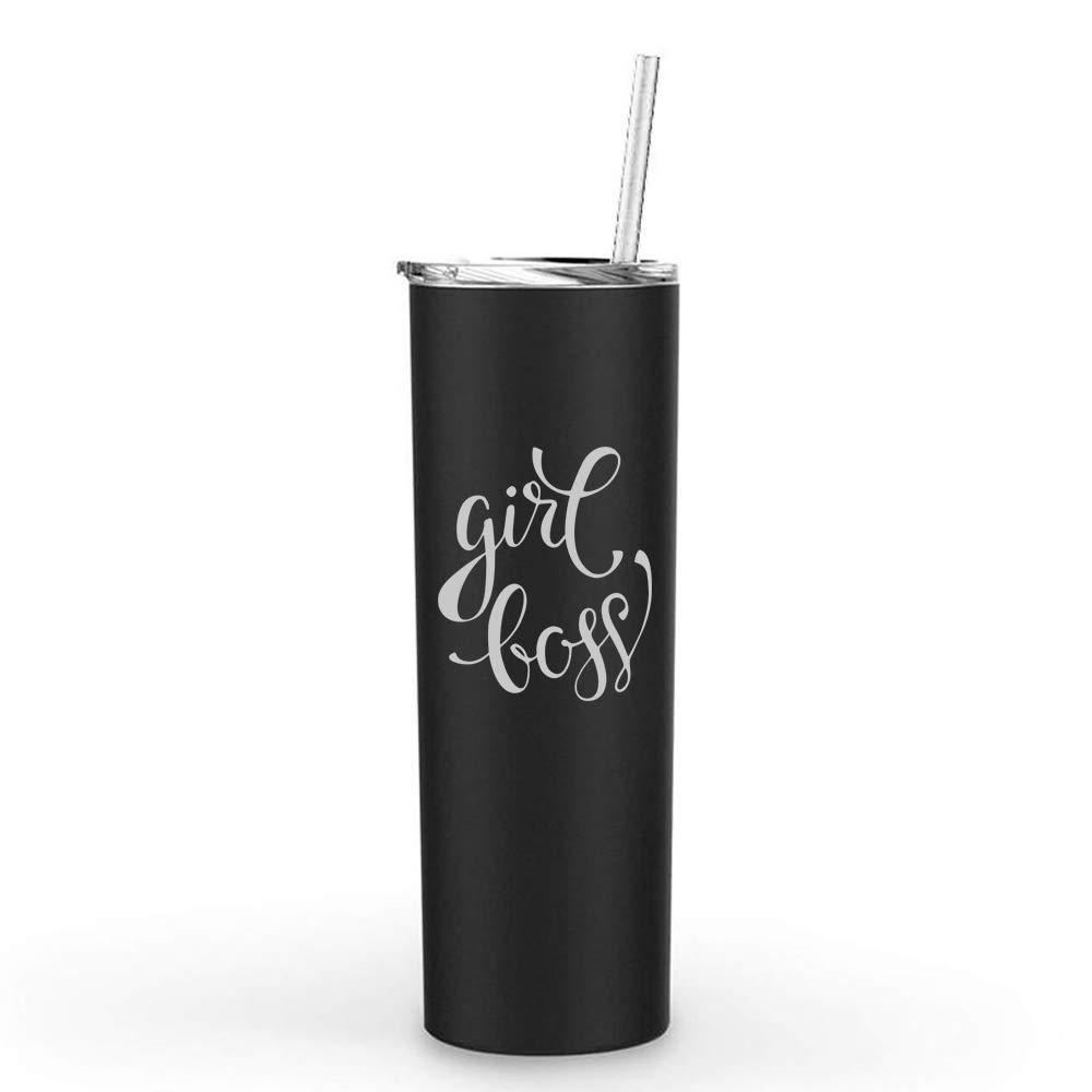 20 oz Skinny Tall Stainless Steel Vacuum Insulated Tumbler with Straw - Leakproof Travel Mug for Coffee & Tea - Perfect for Office, Gym & Commuting - Girl Boss Design (Black)