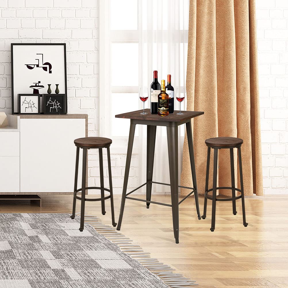 Glitzhome 3-Piece Pub Dining Set - Rustic Steel Square Bar Table with Solid Elm Wood Top & Matching Bar Stools for Breakfast Nook, Living Room, Small Space or Restaurant | Perfect for Kitchen Islands, Outdoor Patios & Bistro-Style Dining