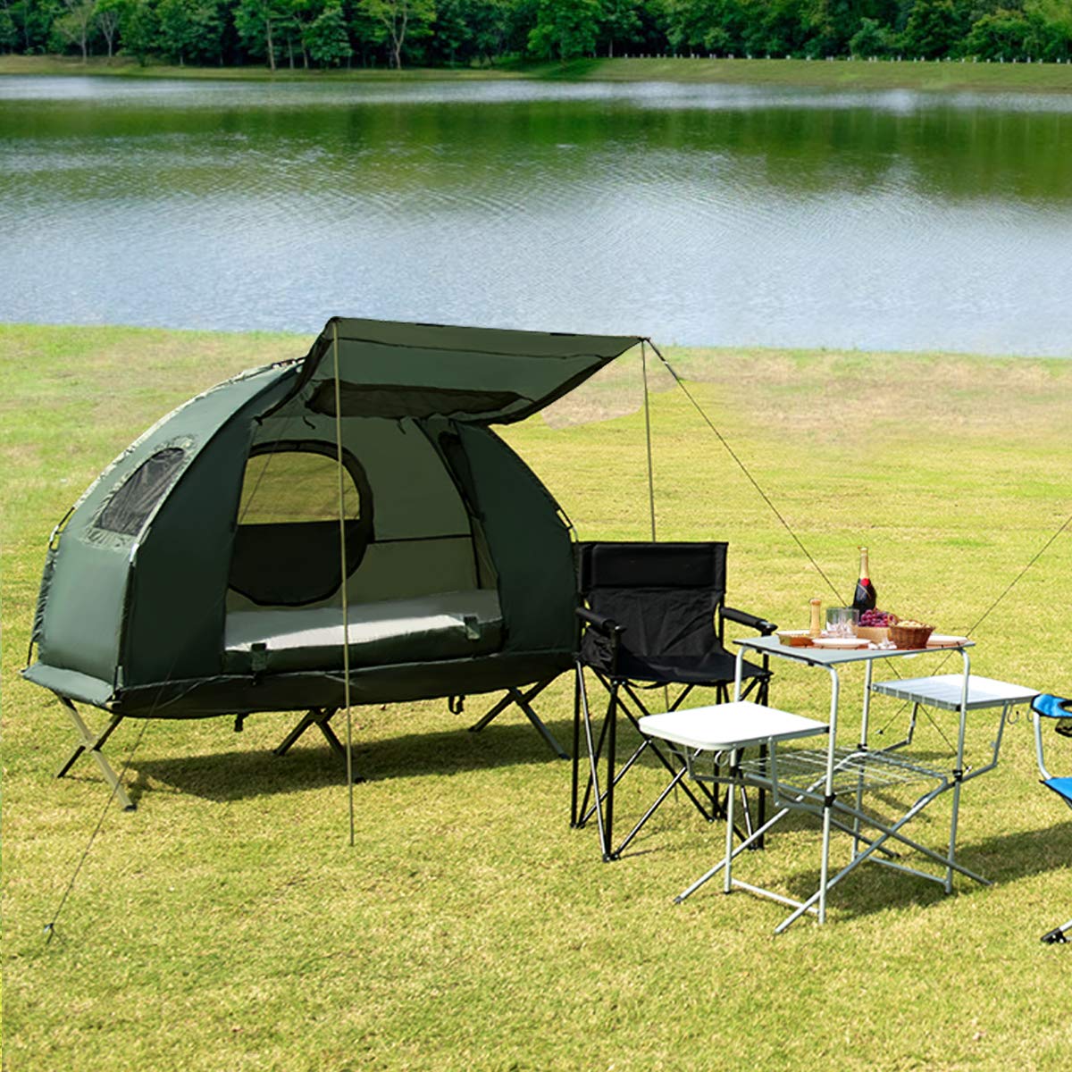 Double Tent Bed with Air Mattress & Pillow - Portable Folding Camping Cot with Metal Frame & Polyester Canopy - Military Green for Outdoor Family Camping, Picnics & Backpacking Adventures