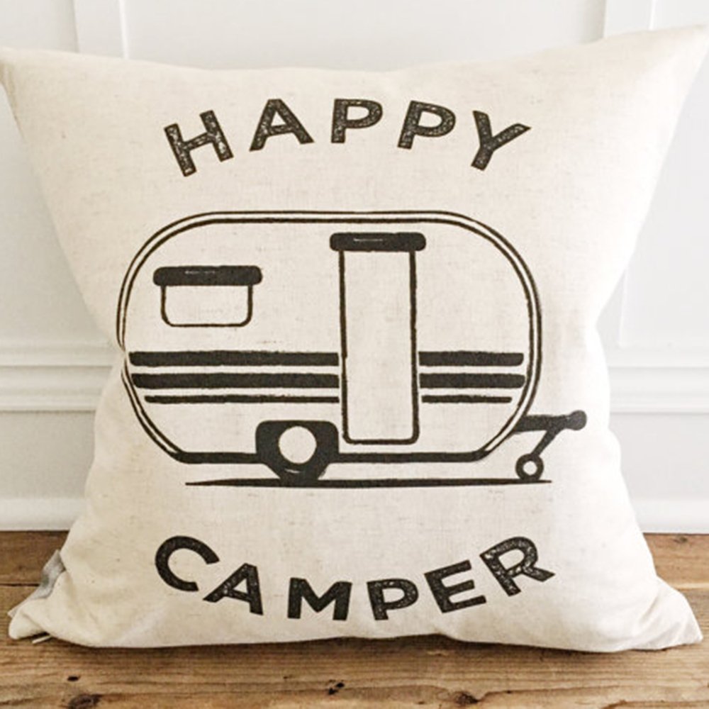 18x18 Retro Happy Camper Throw Pillow Covers - Decorative Cushion Covers for Sofa, Bed & Home Decor (Set of 2) - Perfect for Living Room, Bedroom & Camping Theme Decor