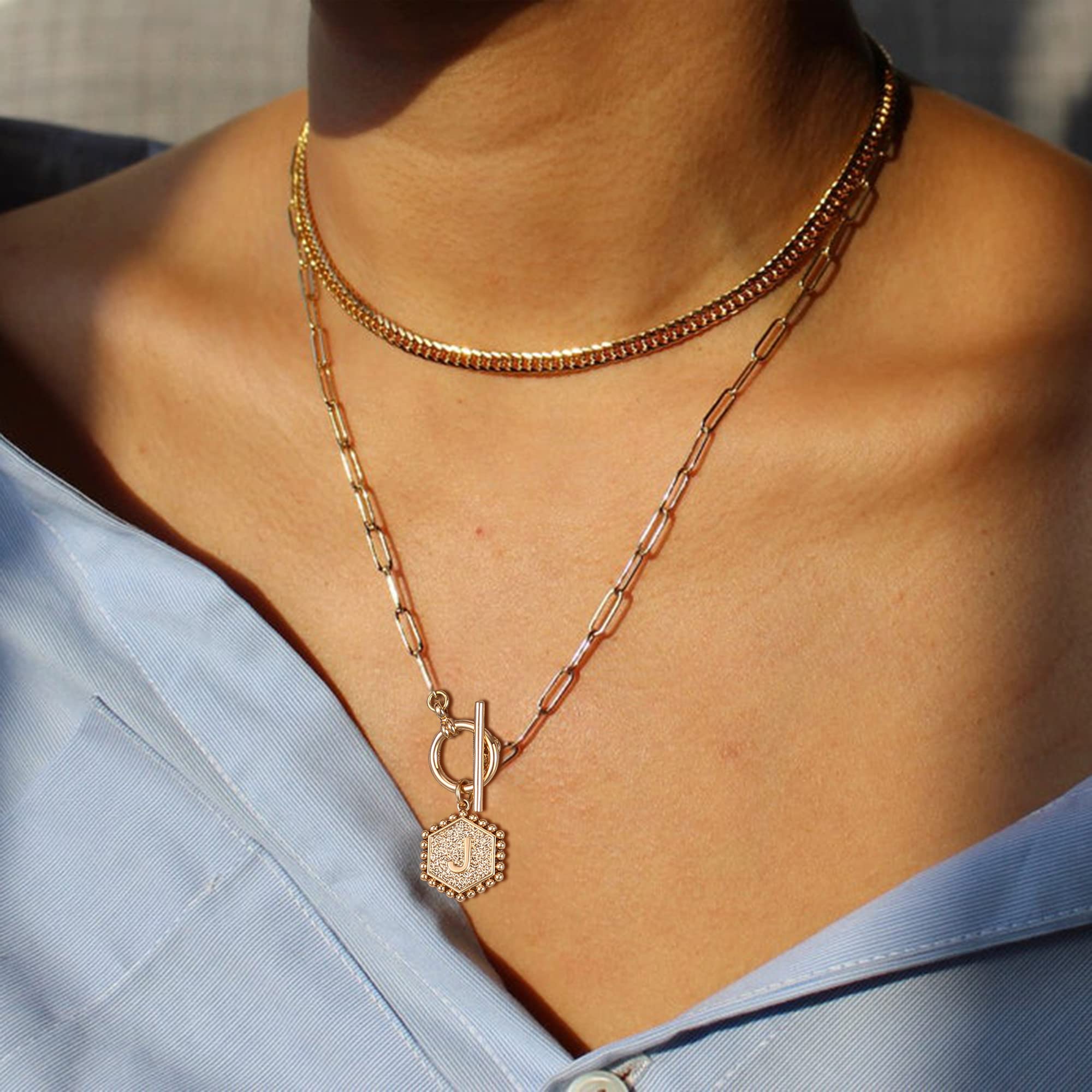 IEFWELL 14K Gold Plated Layered Necklace for Women - Rose Gold & Silver Paperclip Chain with Toggle Clasp, Initial Necklace, Dainty Gold Jewelry | Perfect for Layering, Everyday Wear, Gift Giving & Special Occasions