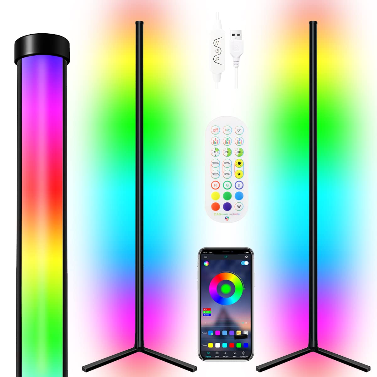 LENIVER RGB Corner Lamp Set of 2 - Smart App Controlled LED Floor Lamp with Music Sync & Timer, 16 Million Color Changing Mood Lighting for Living Room, Bedroom, Gaming Room - Perfect for Parties, Relaxation & Home Decor