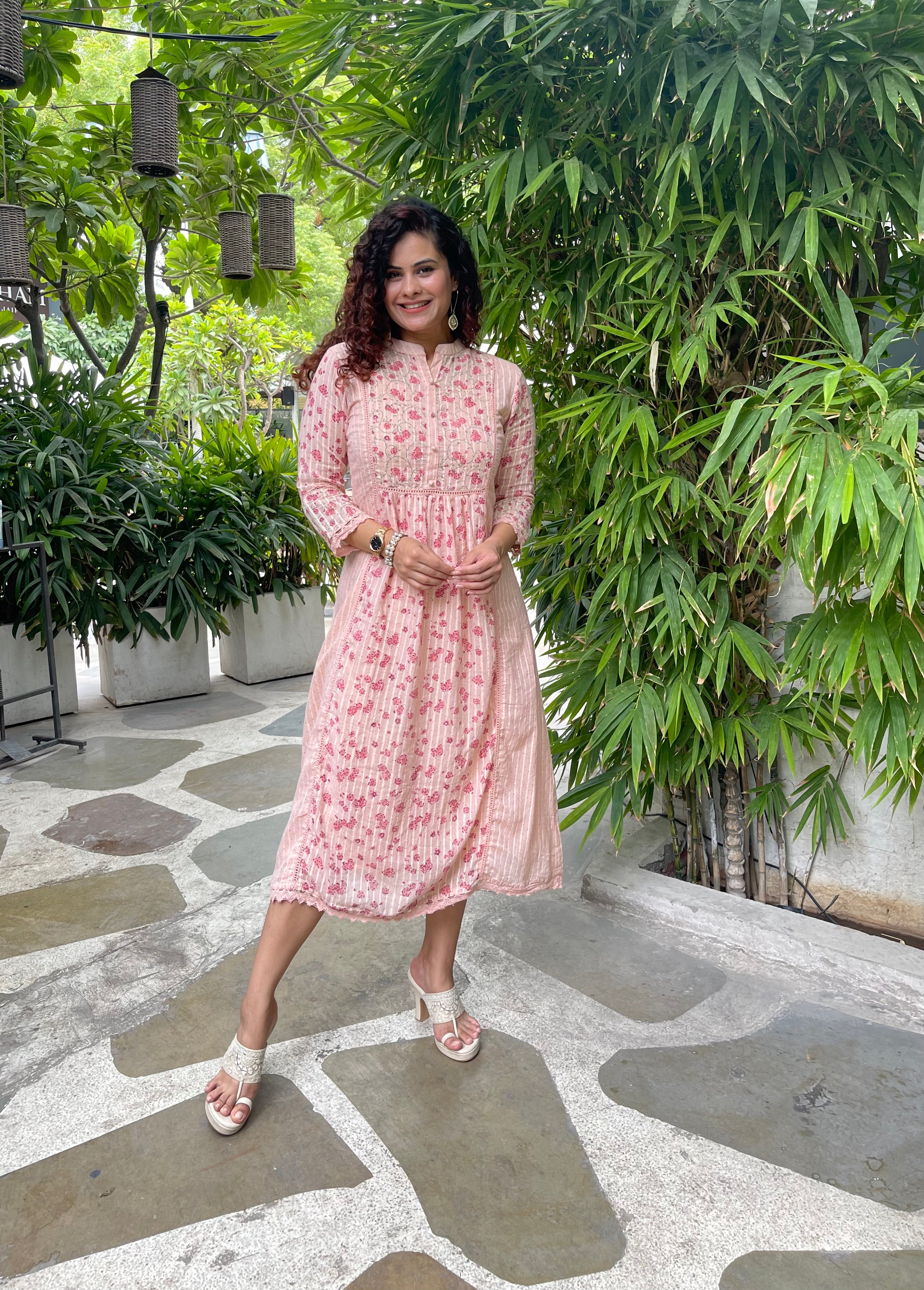 Stylish Pink Cotton Block Print Maxi Dress for Women - Boho Summer Beach Dress for Vacations & Outdoor Parties