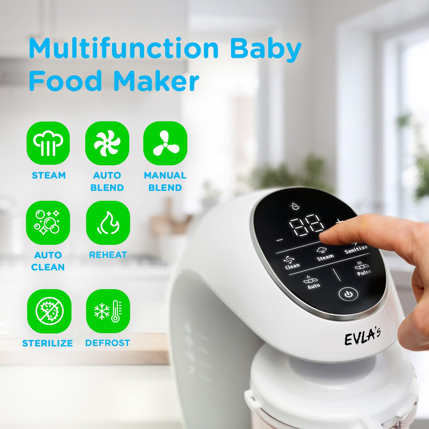 EVLA'S Baby Food Maker & Steamer Blender - 6-in-1 Baby Food Processor for Healthy Homemade Purees in Minutes | Touch Screen Control with 6 Reusable Food Pouches | Perfect Baby Shower Gift & Registry Essential | Ideal for Making Organic Baby Food at Home (White)