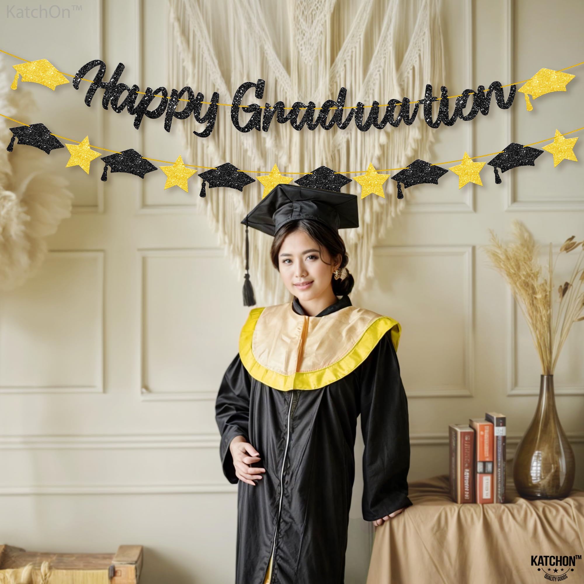 KatchOn 6.5ft Black & Gold Graduation Banner 2025 with Cap Garland - Ready to Use Graduation Party Decor for Class of 2025 - Perfect for High School & College Graduation Ceremonies, Photo Backdrops & Home Decor