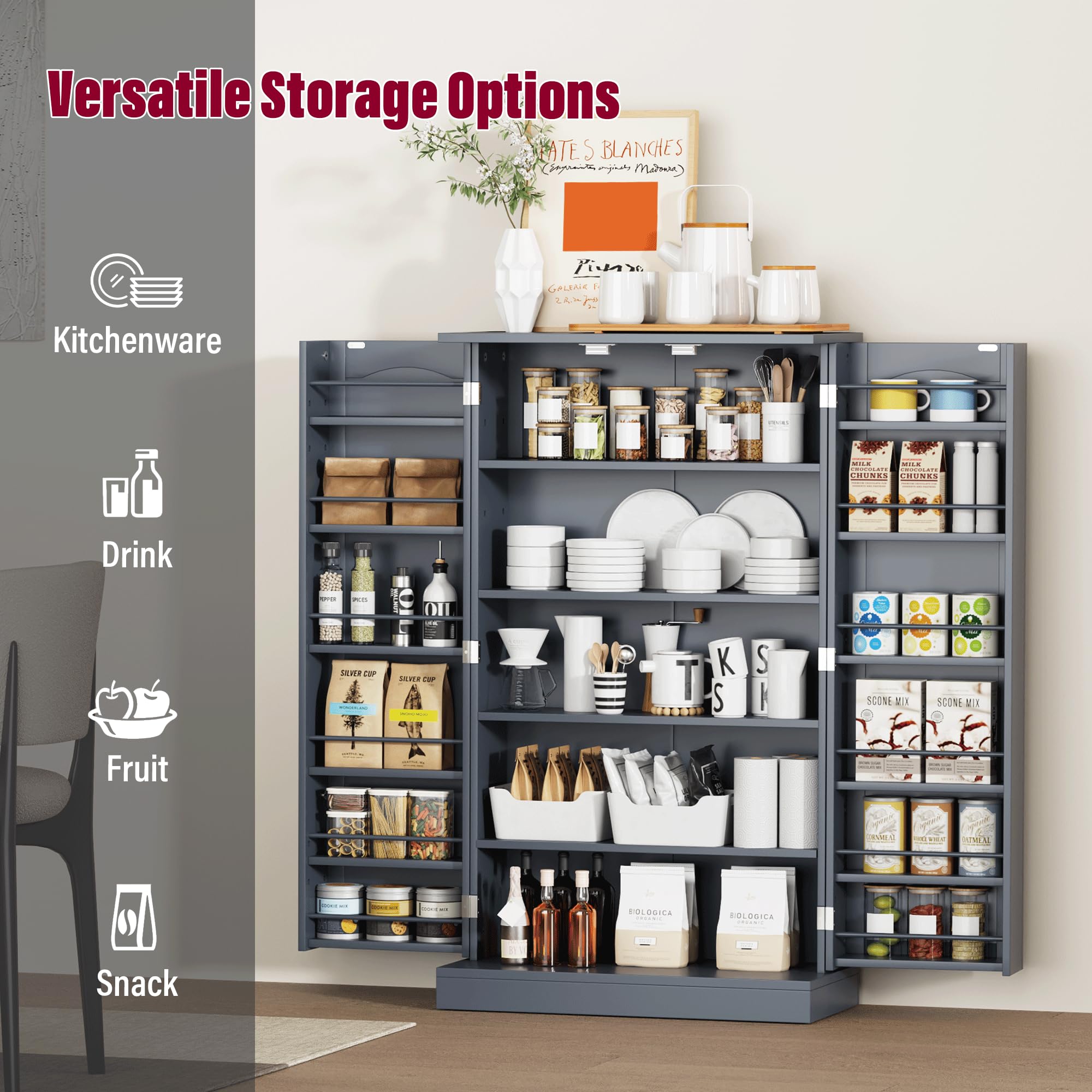 HOME BI Kitchen Pantry Cabinet - Grey Storage Cupboard with Doors & Adjustable Shelves for Kitchen, Dining Room & Living Room - Perfect for Organizing Spices, Dishes & Home Essentials