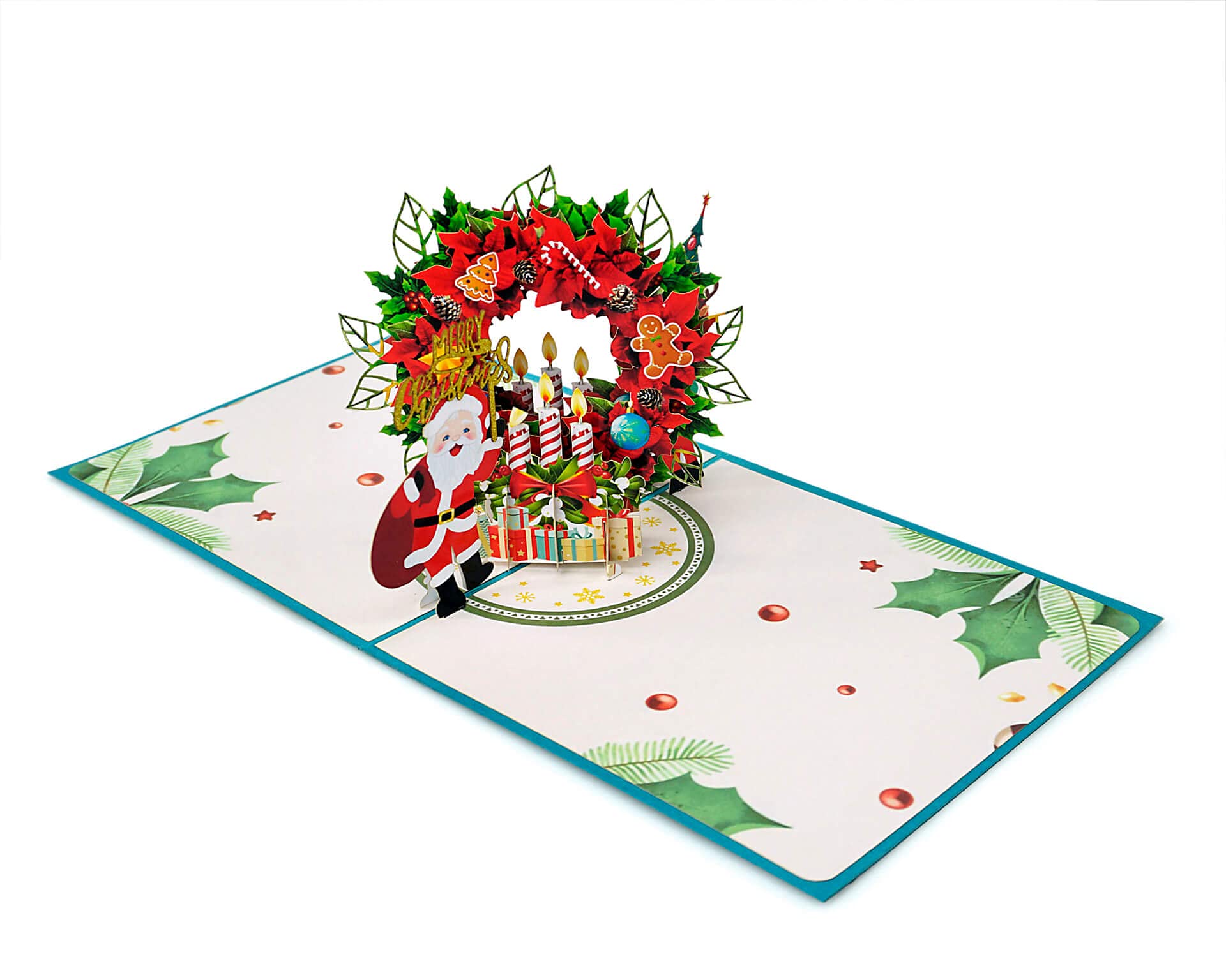 3D Pop Up Christmas Card with Holiday Wreath & Santa Claus - Festive Xmas Greeting Card for Holiday Gifts - Perfect for Office Exchanges, Family Celebrations and Seasonal Decorations