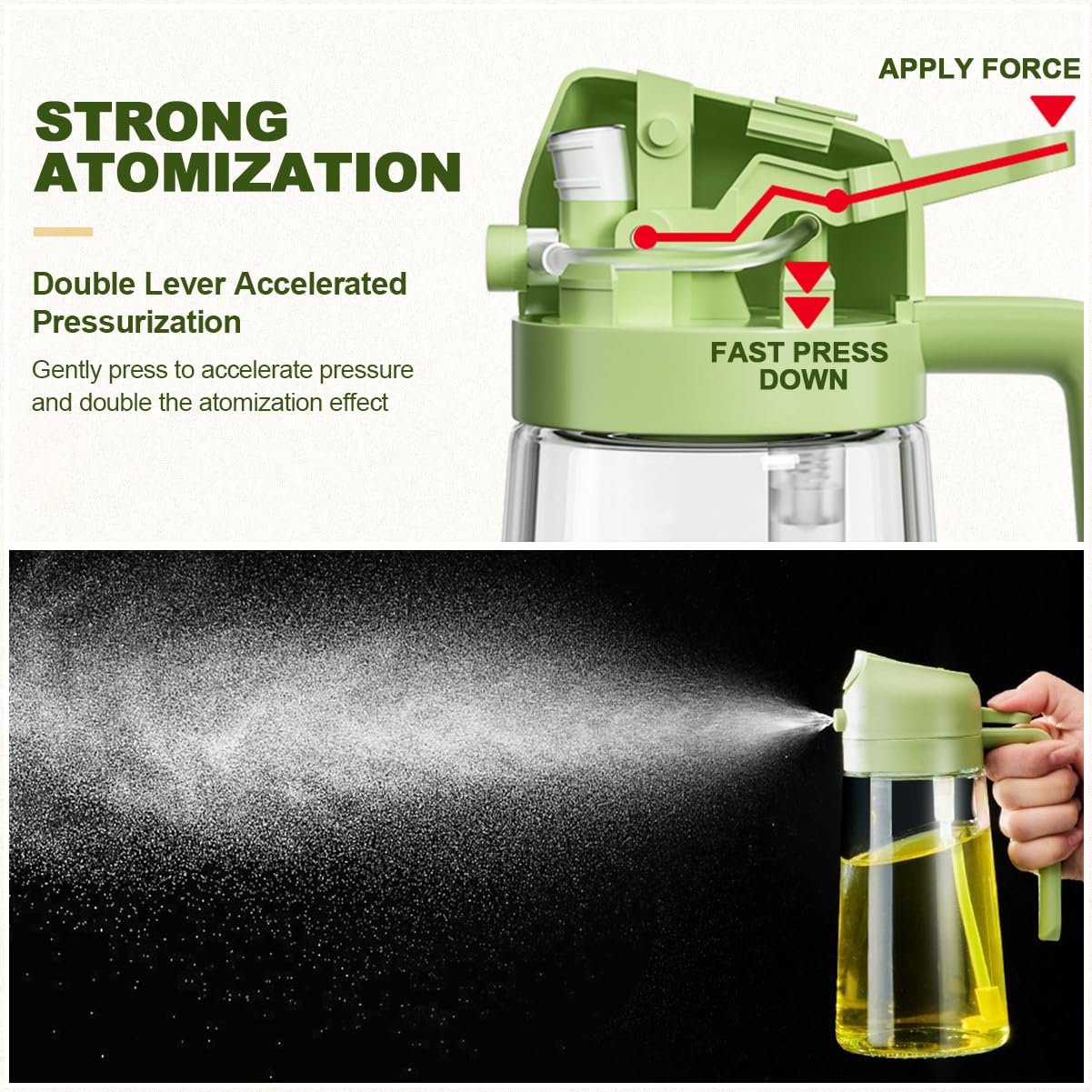 2 in 1 Oil Spray and Container - 470ml/16oz Glass Olive Oil Spray Bottle for Air Fryer, Baking, Grilling - Perfect for Kitchen, Salad Dressing & Healthy Cooking (Green)