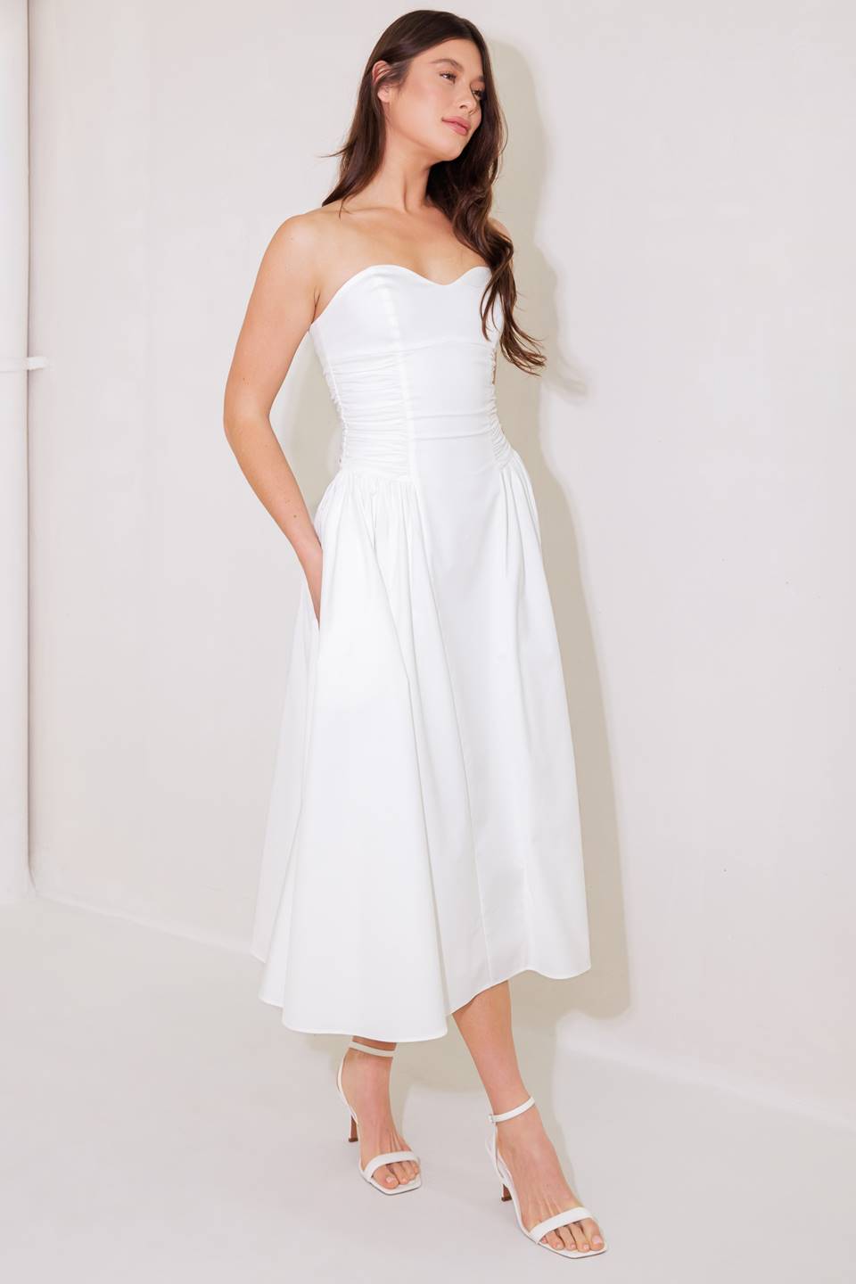 Gorgeous Reputation Strapless Midi Dress in White - Perfect for Weddings, Parties & Evening Events