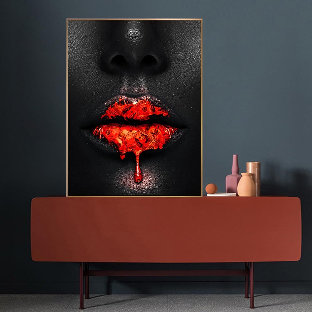 Black Women Red Lips Art - Dripping & Seductive Canvas Wall Decor - Perfect for Living Room, Bedroom & Office Aesthetic