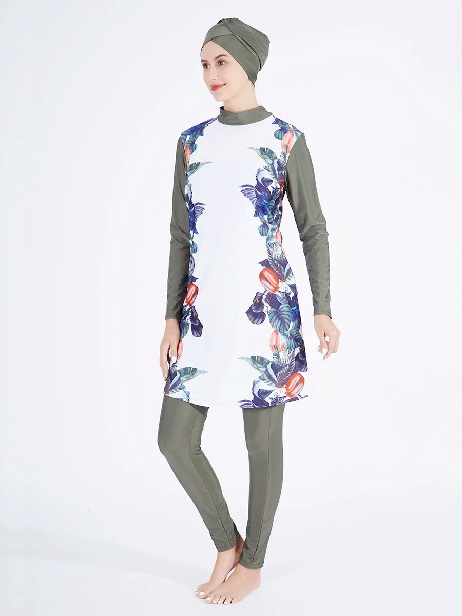 3PCS Women's Printed Hijab Long Sleeve Burkini Swimwear Set - Modest Swimwear for Muslim Women - Perfect for Beach, Pool & Water Sports