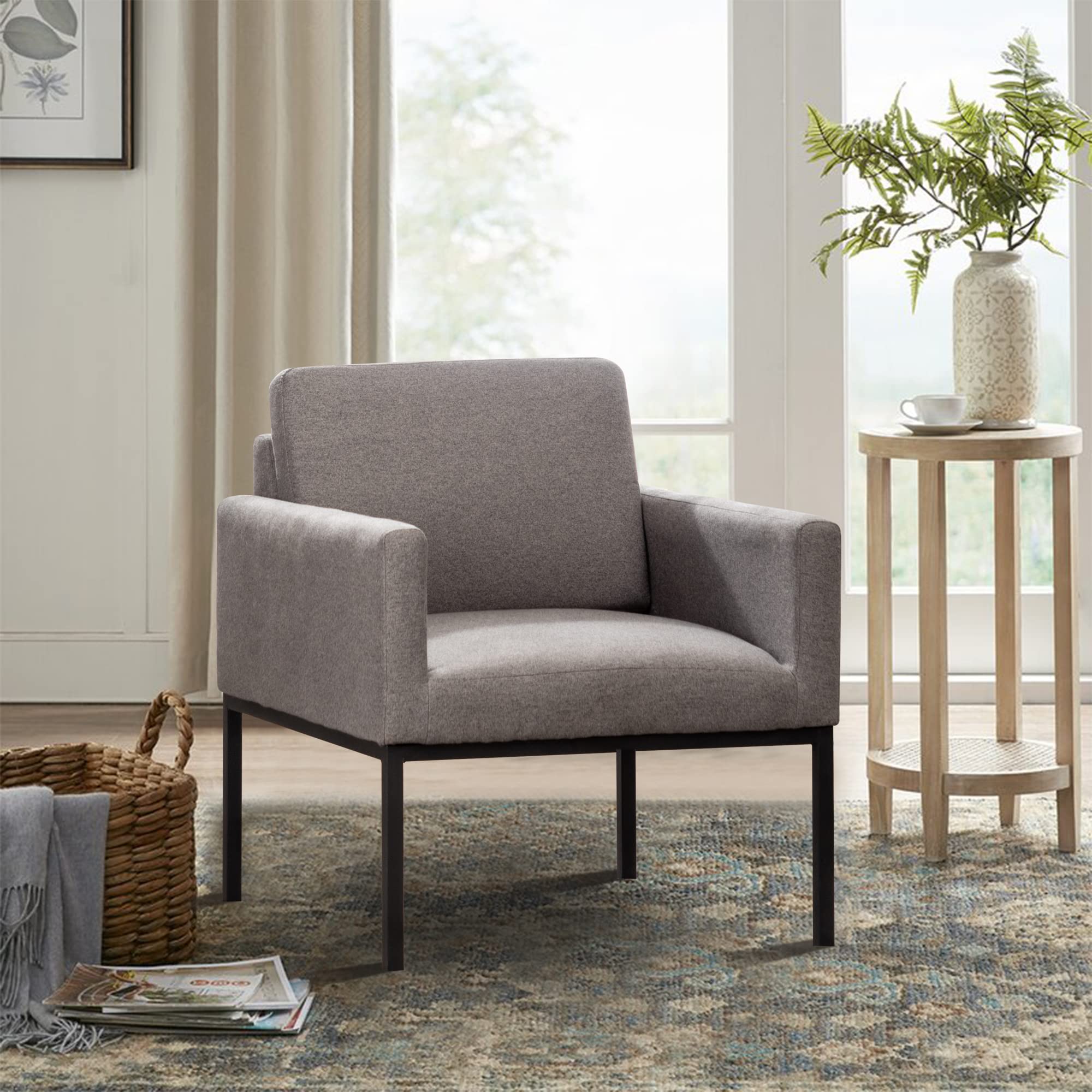 Andeworld Midcentury Modern Accent Chair - Grey Upholstered Armchair for Living Room, Bedroom & Apartment - Perfect for Reading, Lounging & Relaxing | Comfortable Sofa Chair for Home Decor & Small Spaces